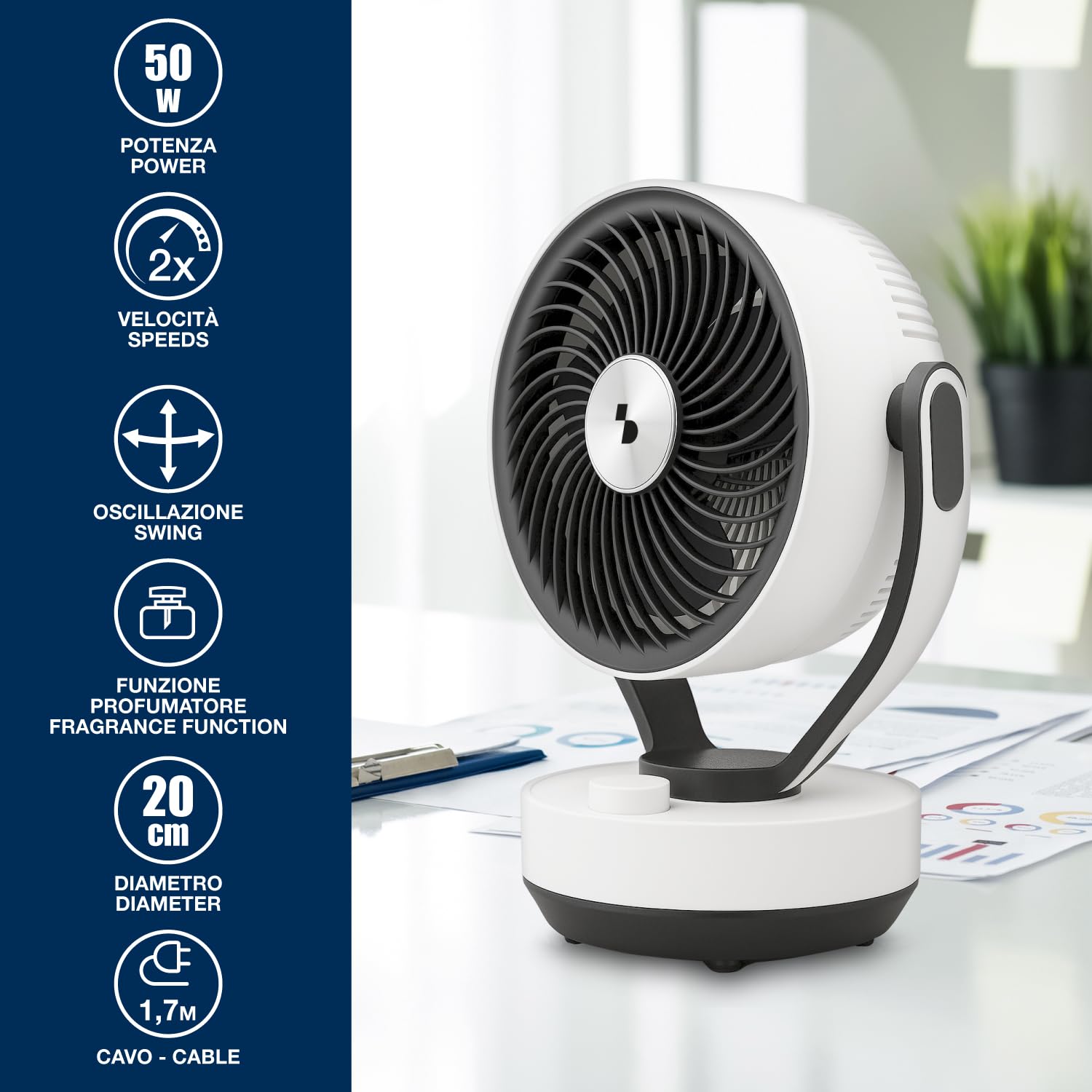 BEPER P206VEN261 Circolatore d’Aria da Tavolo con Diffusore Aromi, Ventilatore Compatto 2 Velocità, Oscillante 60°, Inclinazione 90°, con Porta Oli Essenziali, 50W