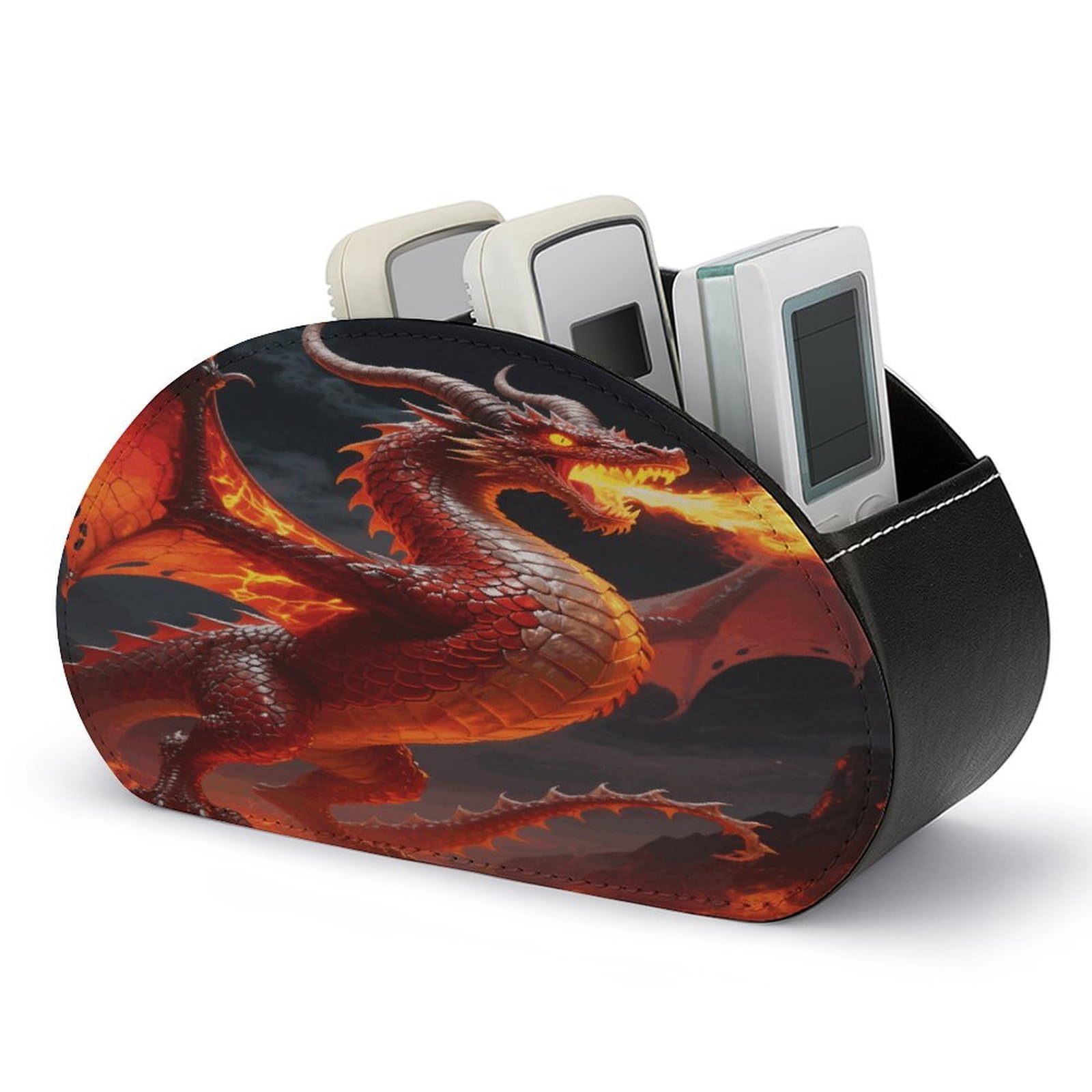 VstaDank Fire Dragon Remote Control Holder with 5 Compartments PU Leather TV Remoter Caddy Desktop Organizer TV Remote Holder Remote Box for Media Controllers Office Supplies