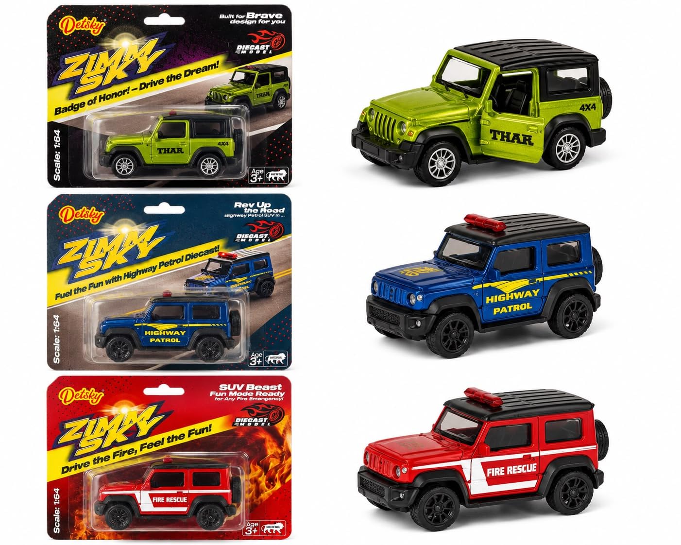 Detsky Zimaa Sky Diecast SUV Toy Car 1:64 Scale (Pack of 3) | 3 Designs Available, Ages 3+, Diecast Model, 1:64 Scale, SUV Style-image-33