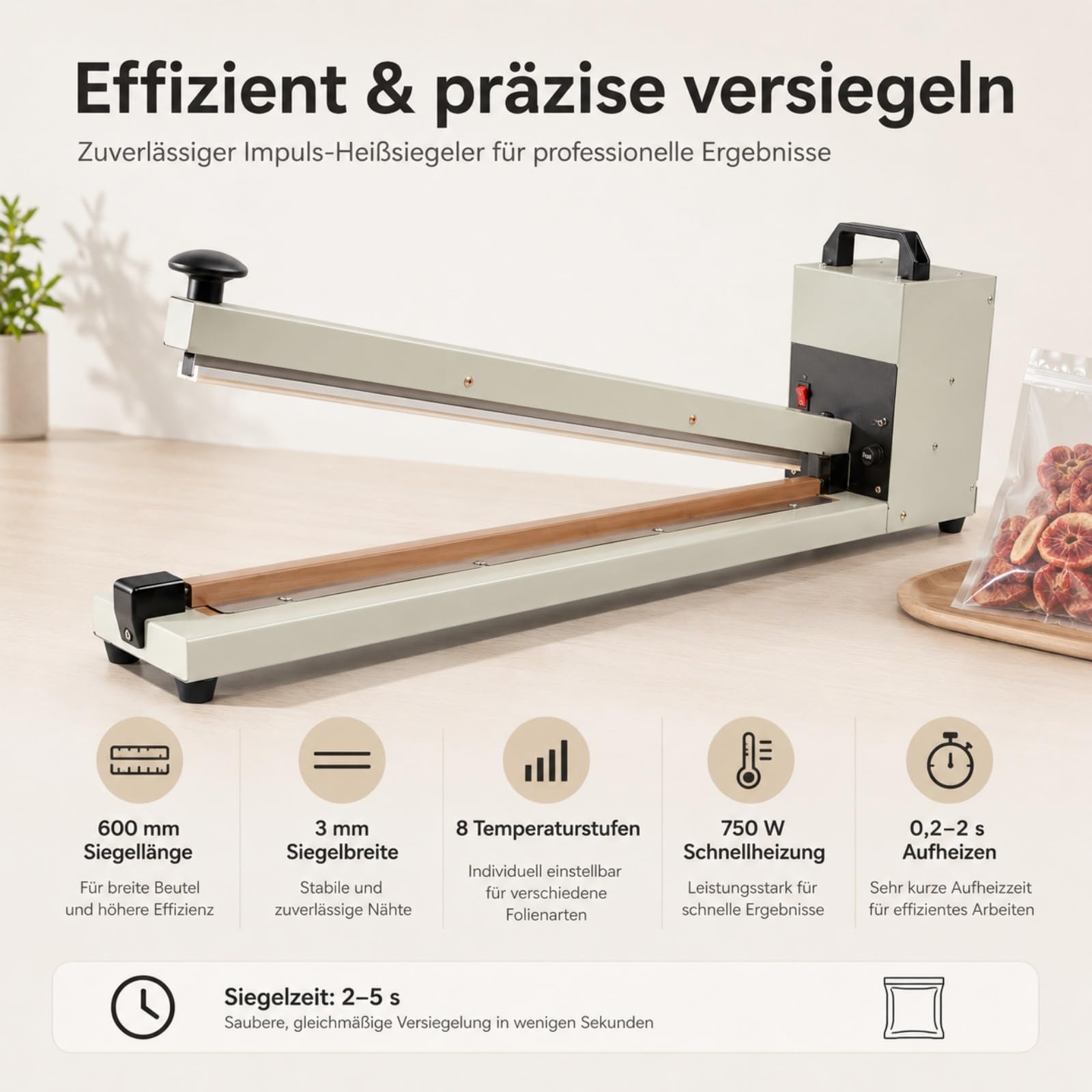 Sigillatrice Manuale 23,6 Pollici per Buste e Sacchetti, 8 Livelli Temperatura, 750W, per Cucina, Negozi, Pasticcerie, Famiglie e Laboratori