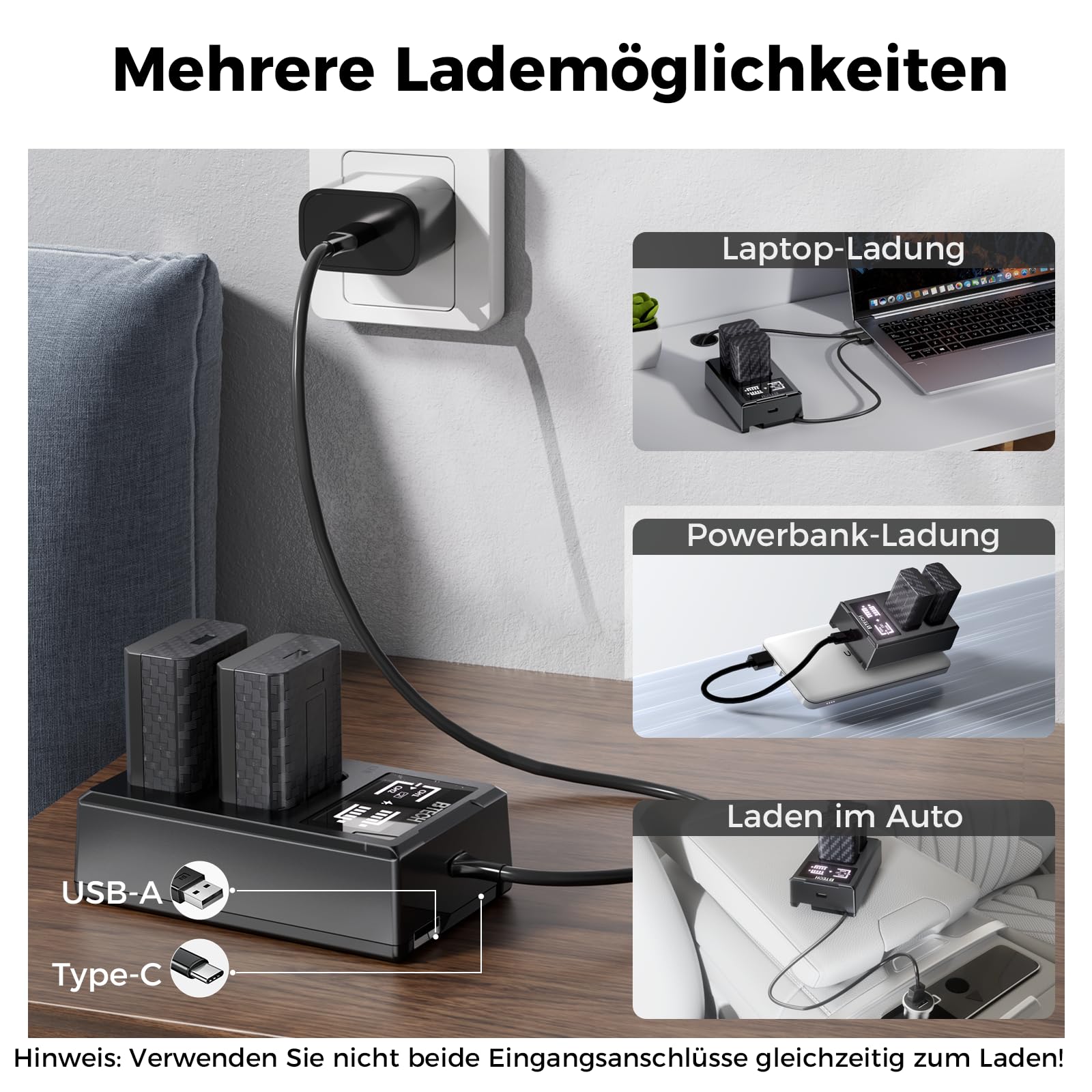 BTECH NP-FW50 Akku 1030mAh 2er-Pack mit USB-C Schnellladegerät, Ersatzakku kompatibel mit Sony ZV-E10, A6000, A6300, A6400, A6500, A7, A7 II, A7R II, A7S II, A5000, A5100, RX10