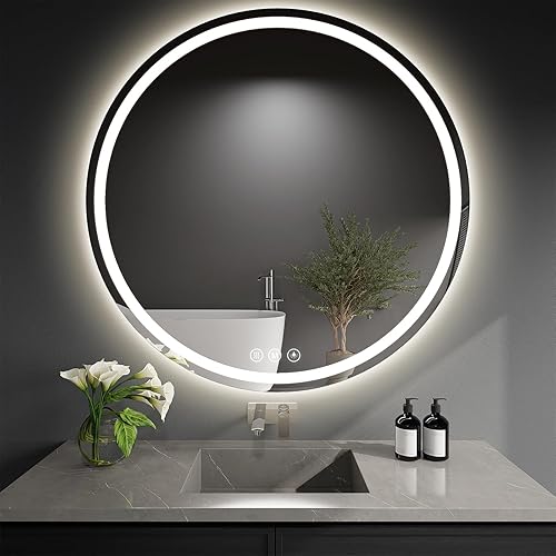 Espejo de baño LED redondo de 40 pulgadas con luces, espejo LED circular, baño iluminado con 3 colores de brillo, antiniebla, regulable, inastillable