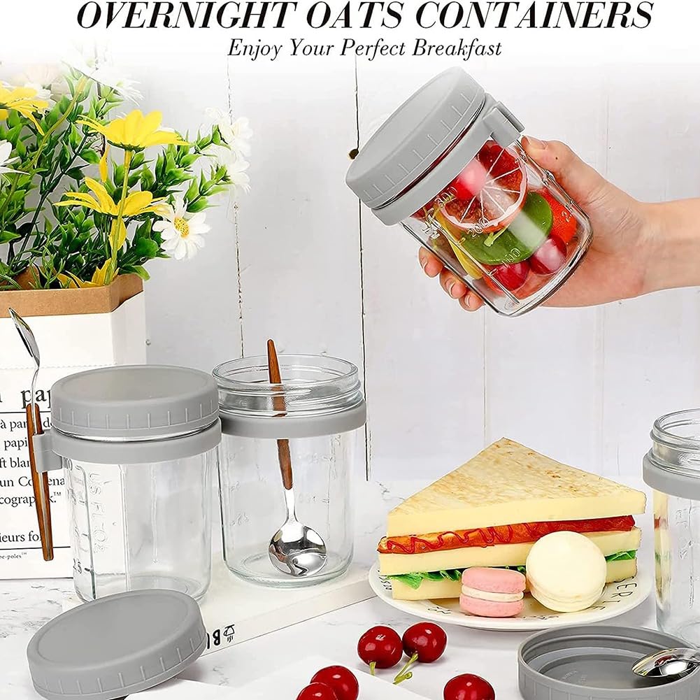 Confezione da 4 Contenitori Di Avena Notte con Coperchi e Cucchiai, Barattoli Di Avena Mason in Vetro da 12 Oz, Reepiente Ermetico per Fiocchi Di Avena