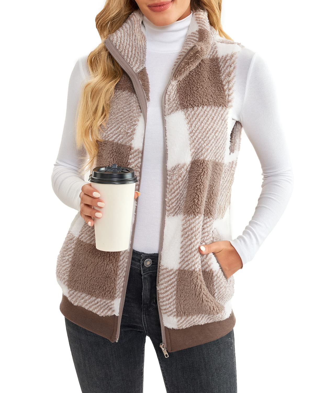 LAMISSCHE Womens Plaid Fleece Vest, Khaki, Large