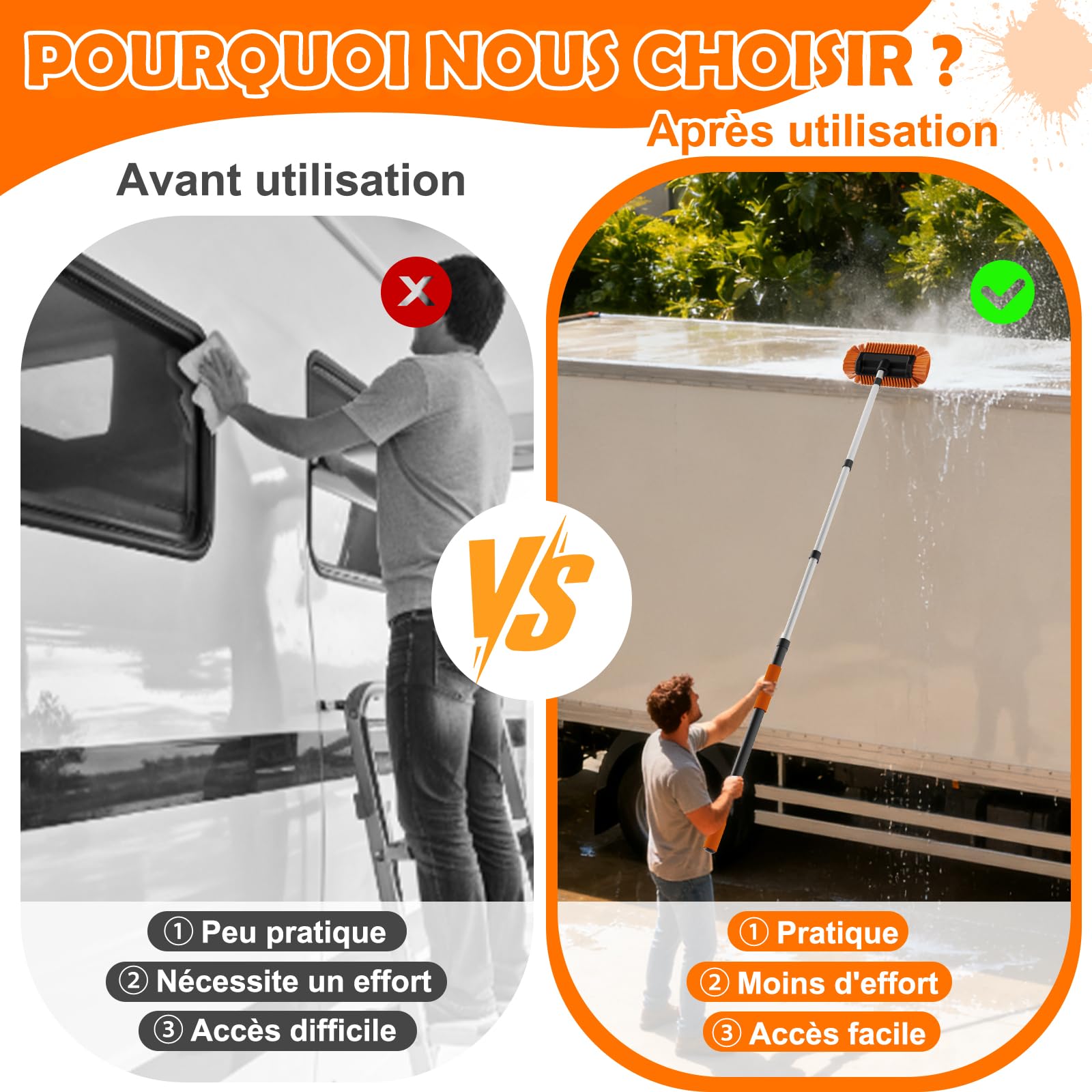 LAANPOLE Brosse Nettoyage Voiture avec Perche Telescopique 6m, Brosse Lavage Voiture avec Brosse Douce, Serpillière en Microfibre, Raclette Vitre, Gant, Brosse Jantes pour Camping-Car, Camion