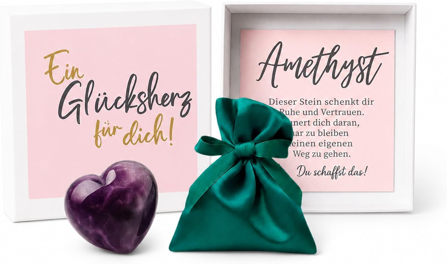 Lucky Heart 4 cm - Handmade Heart Shaped Gemstone in Velvet Pouch & Gift Box - Worry Stone with Card and Message