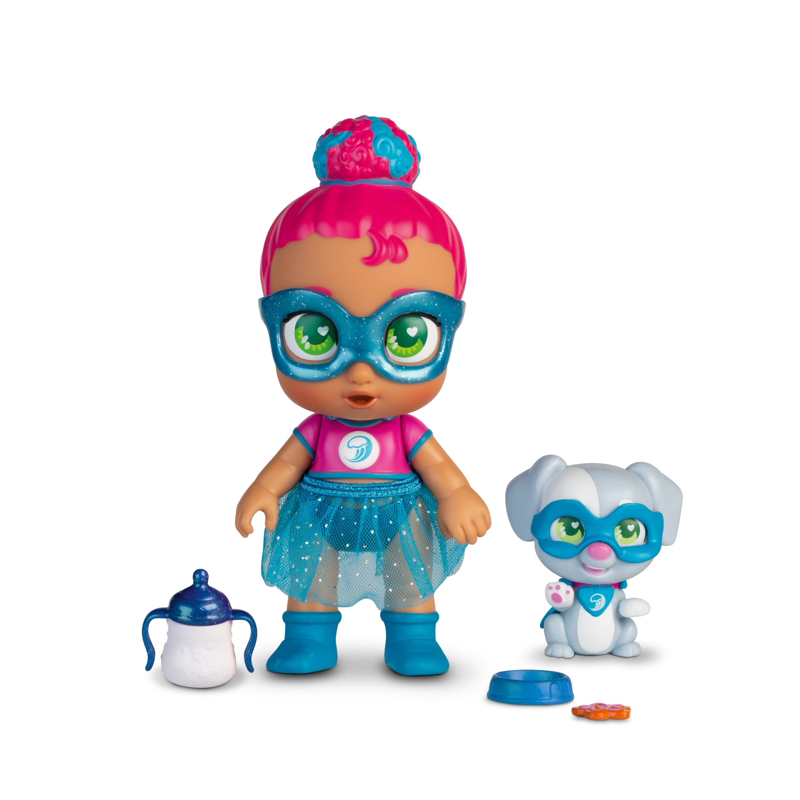 SUPER CUTE LITTLE BABIESMini Glitzy Cool Doll with Puppy - Kala & Allie, 12cm articulated doll with puppy, superhero outfits & accessories, suitable for ages 4 years and older