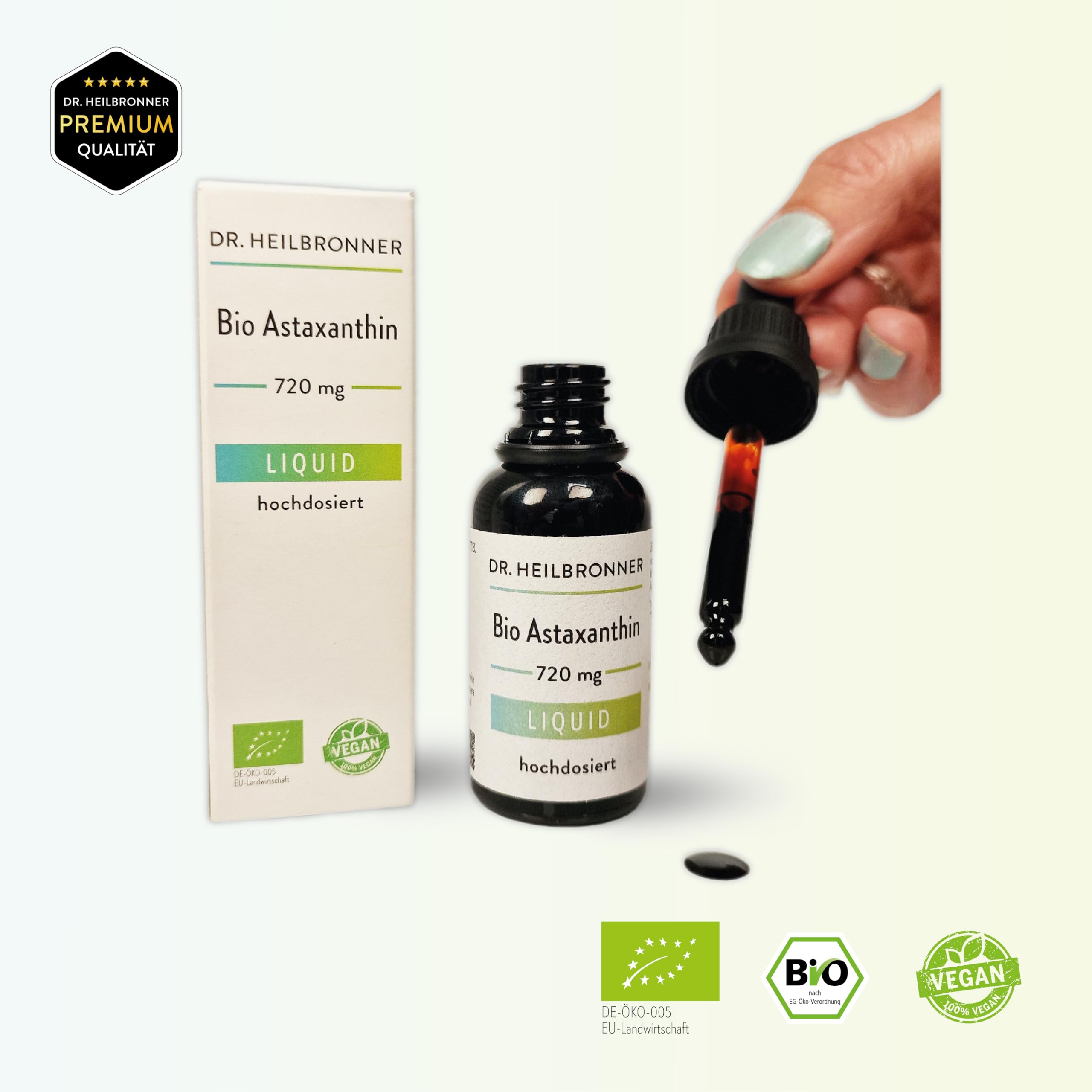 BIO Astaxanthin Tropfen - Hochdosiert - 30 ml = 720 Tropfen - 8 Tropfen = 8mg Astaxantin pro Tag = 90 Tage - Vegan - Liposomal - für Kinder - flüssig - liquid - bioverfügbar - Dr. Heilbronner