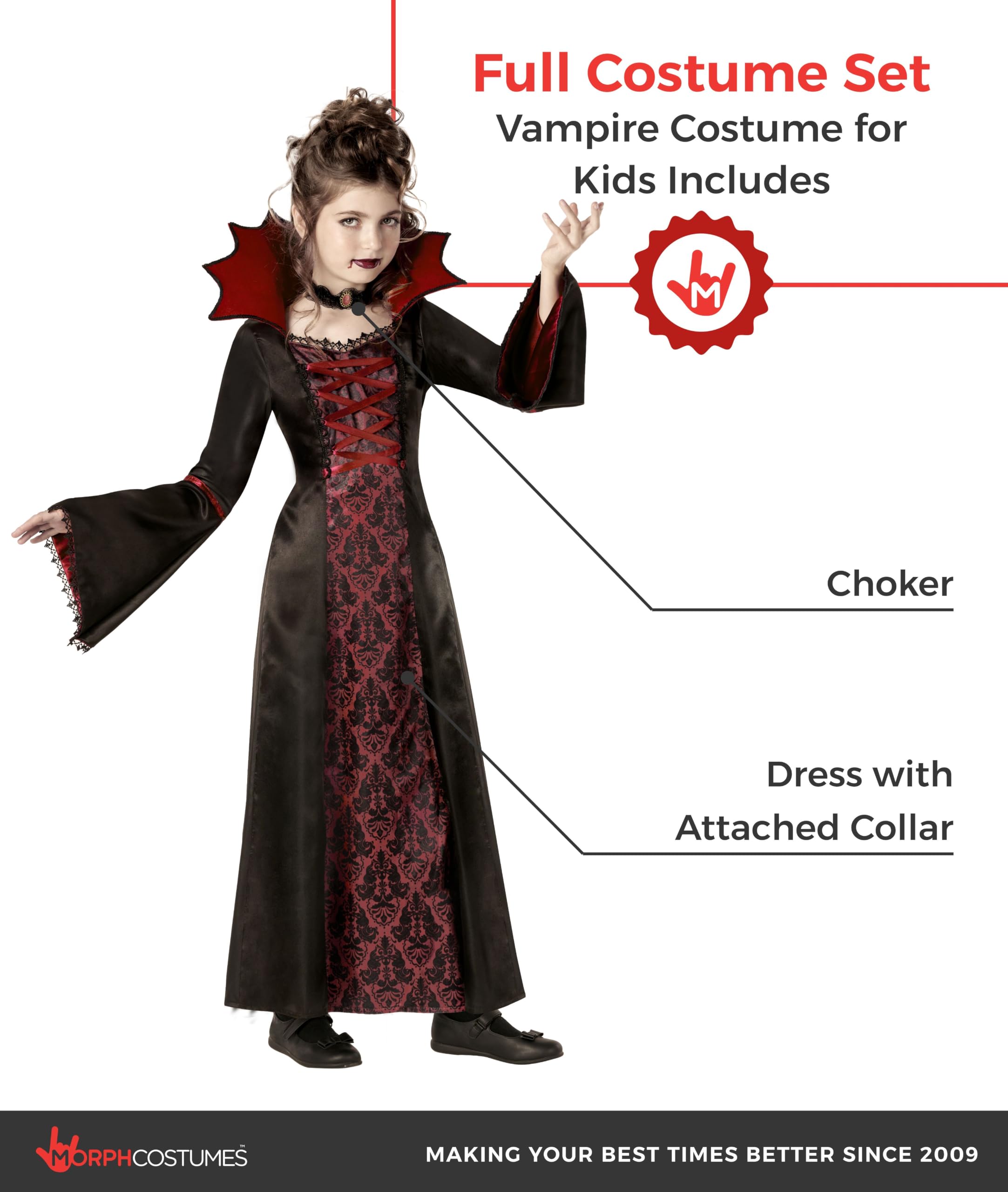 Morph Disfraz Vampiresa Niña, Disfraz Halloween Niña | Vestido Negro y Rojo con Cuello Alto & Collar, Encaje Gótico, Perfecto para Halloween, Ideal para Juegos de Rol