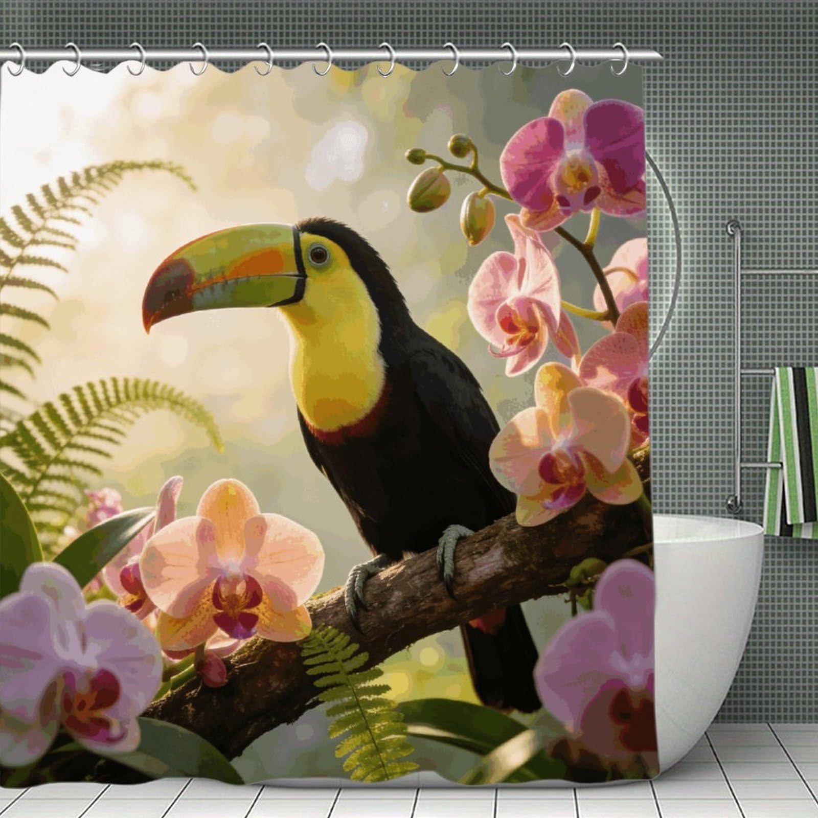 VstaDank The Morning Song of The Toucan and The Orchid Shower Curtain Light-Weight Blackout Bathroom Curtain Washable Shower Liner 71x71 Inch Bath Curtain with Metal Holes Bathtub Bath Room