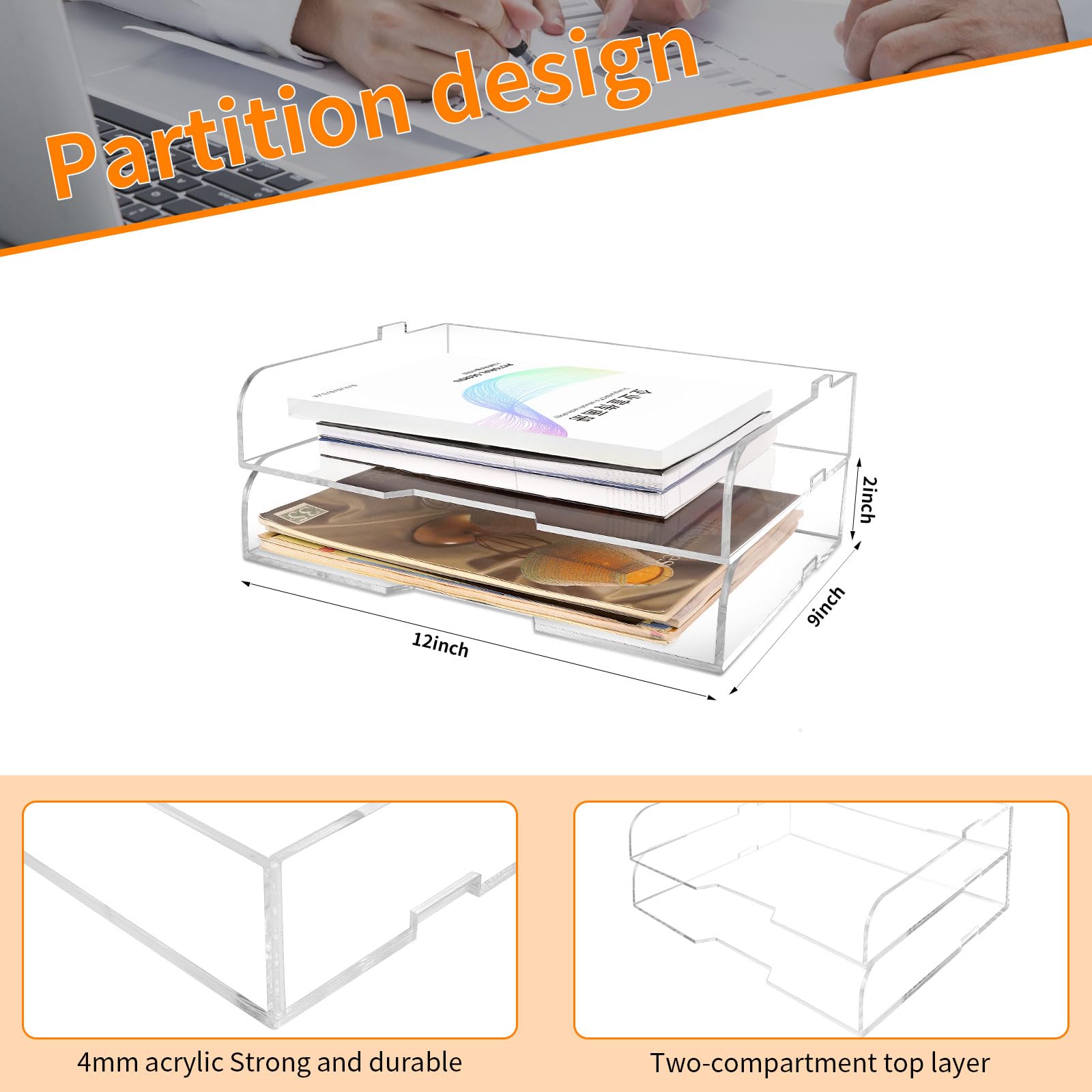 Paquete de 2 bandejas de papel apilables para cartas, revistero acrílico transparente y organizador de archivos, elegante organizador de escritorio para oficina en casa, estantería o espacio de