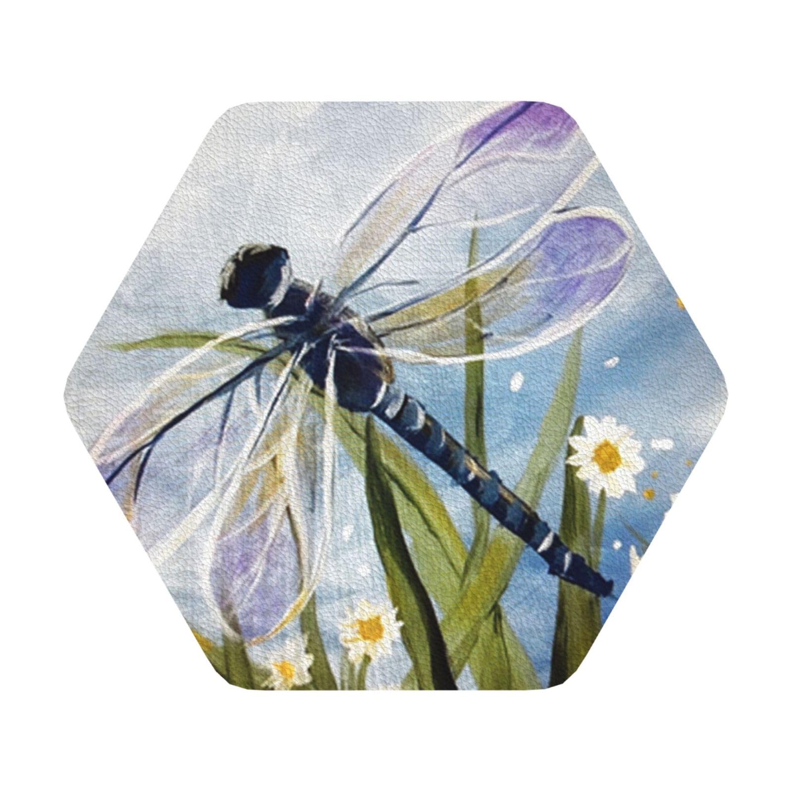 Dragonfly painting PU Leather Coasters Set of 6 Hexagon Drink Coasters