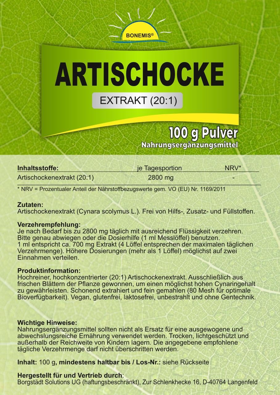 Artischockenextrakt (20:1), Premiumqualität ohne Zusätze, 100 g veganes Pulver im Beutel, Bonemis®