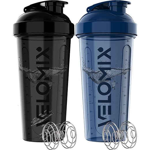 VELOMIX -2 Pack- 28 oz Protein Shaker Bottles for Protein Mixes - 2x Wire Whisk | Leak Proof Shaker Cups for Protein Shakes | Protein Shaker Bottle Pack | Shakers for Protein Shakes-Blue&Black