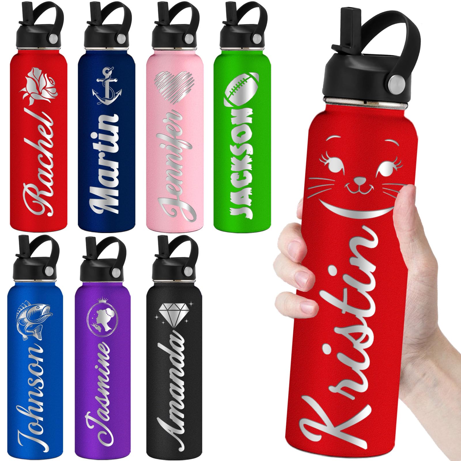 Personalized Water Bottles with Straw 24oz Custom Engraved Water Bottle for School Customized Name Double Wall Insulated-Red — image 1