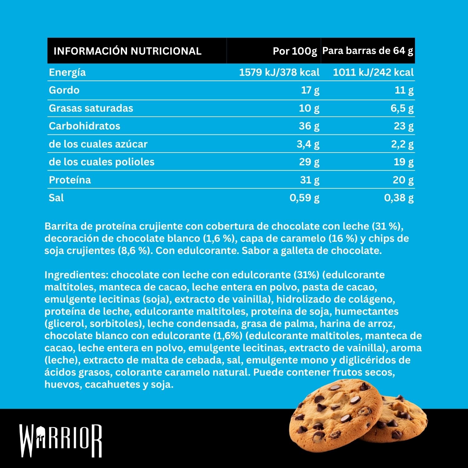 Barritas ricas en proteínas Warrior Crunch 20 g - Barritas bajas en azúcar/carbohidratos - Pack de 12 x 64 g (Masa de galletas con pepitas de chocolate)