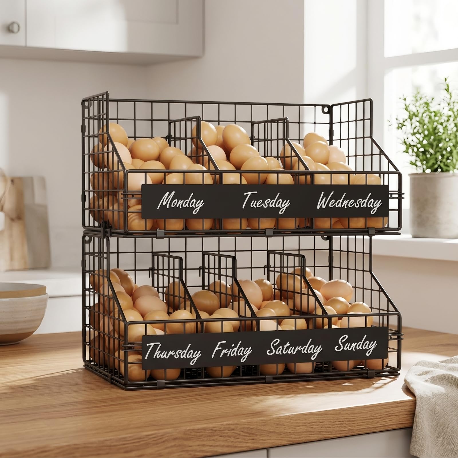 Baoblaze Organizador de Huevos Estante de Cocina Soporte Cesta Rejilla Alambre de Hierro con Abertura Inclinada y Puntos de Anclaje Traseros Contenido Visible