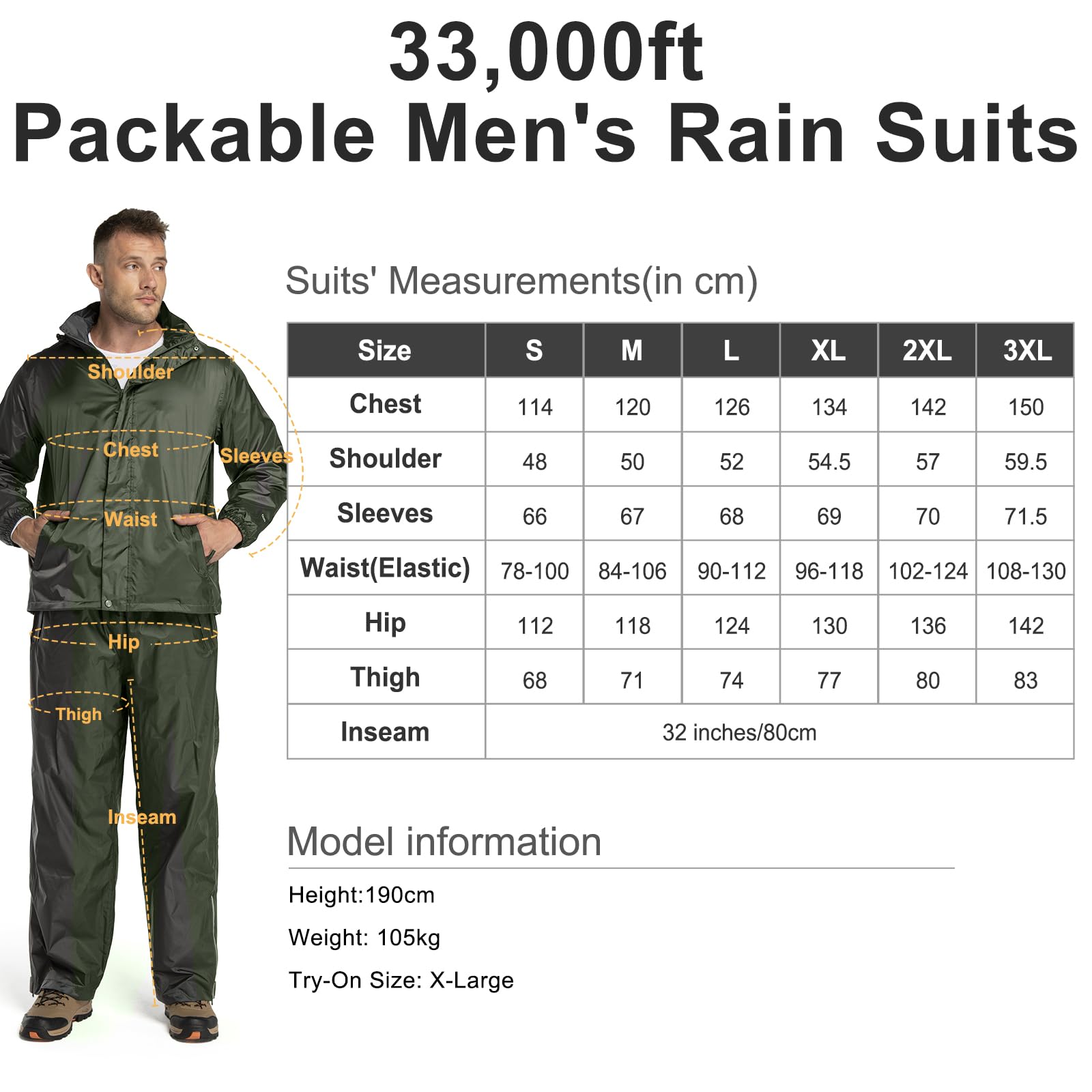 33,000ft Traje de lluvia para hombre y mujer, reflectante, impermeable, plegable, resistente al viento, chaqueta de lluvia y pantalones de lluvia con red interior, ropa impermeable para pesca,
