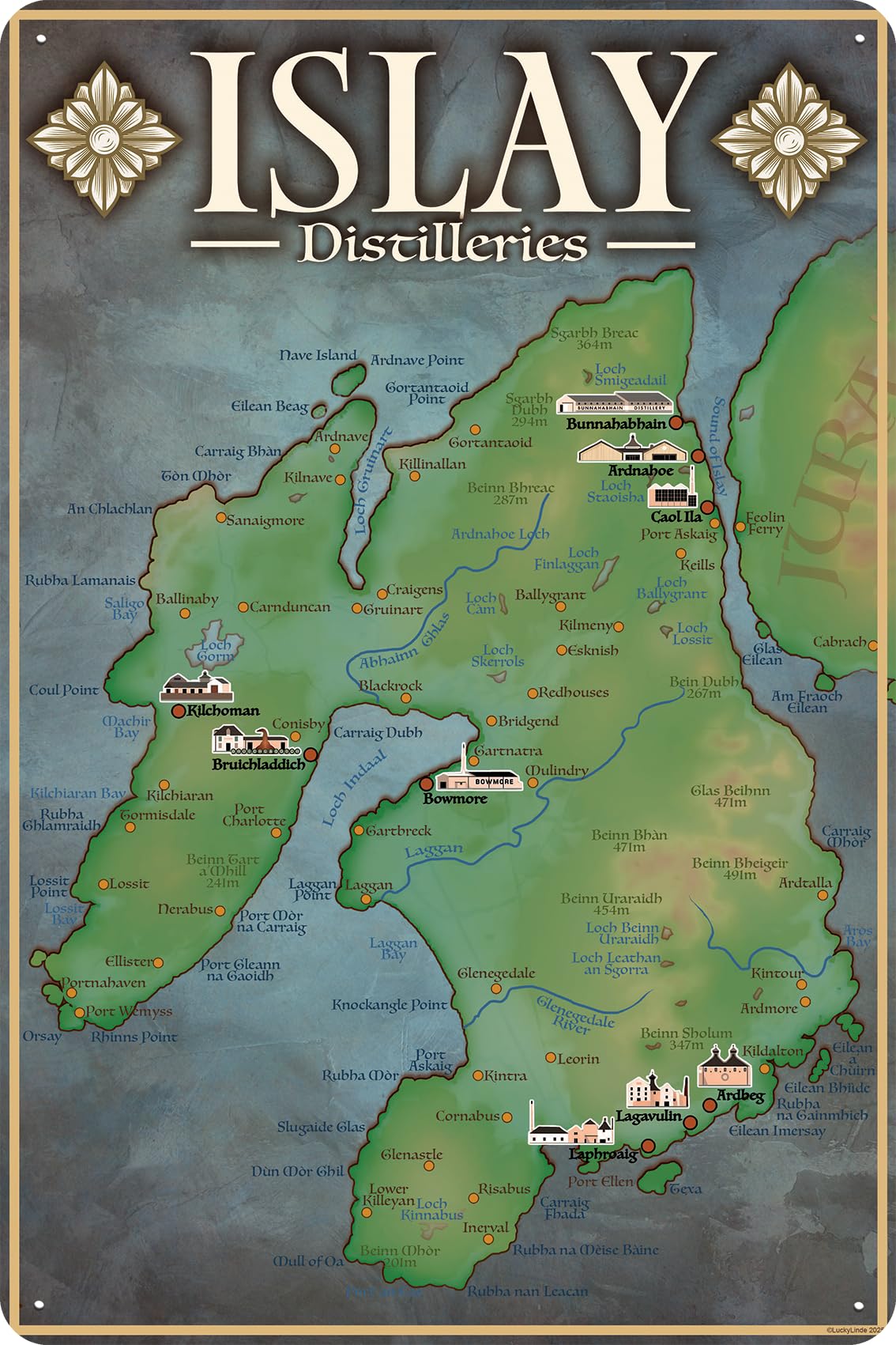 XL Retro Blechschild für Islay Whisky Fans – Landkarte mit Destillerien – 30 x 40 cm