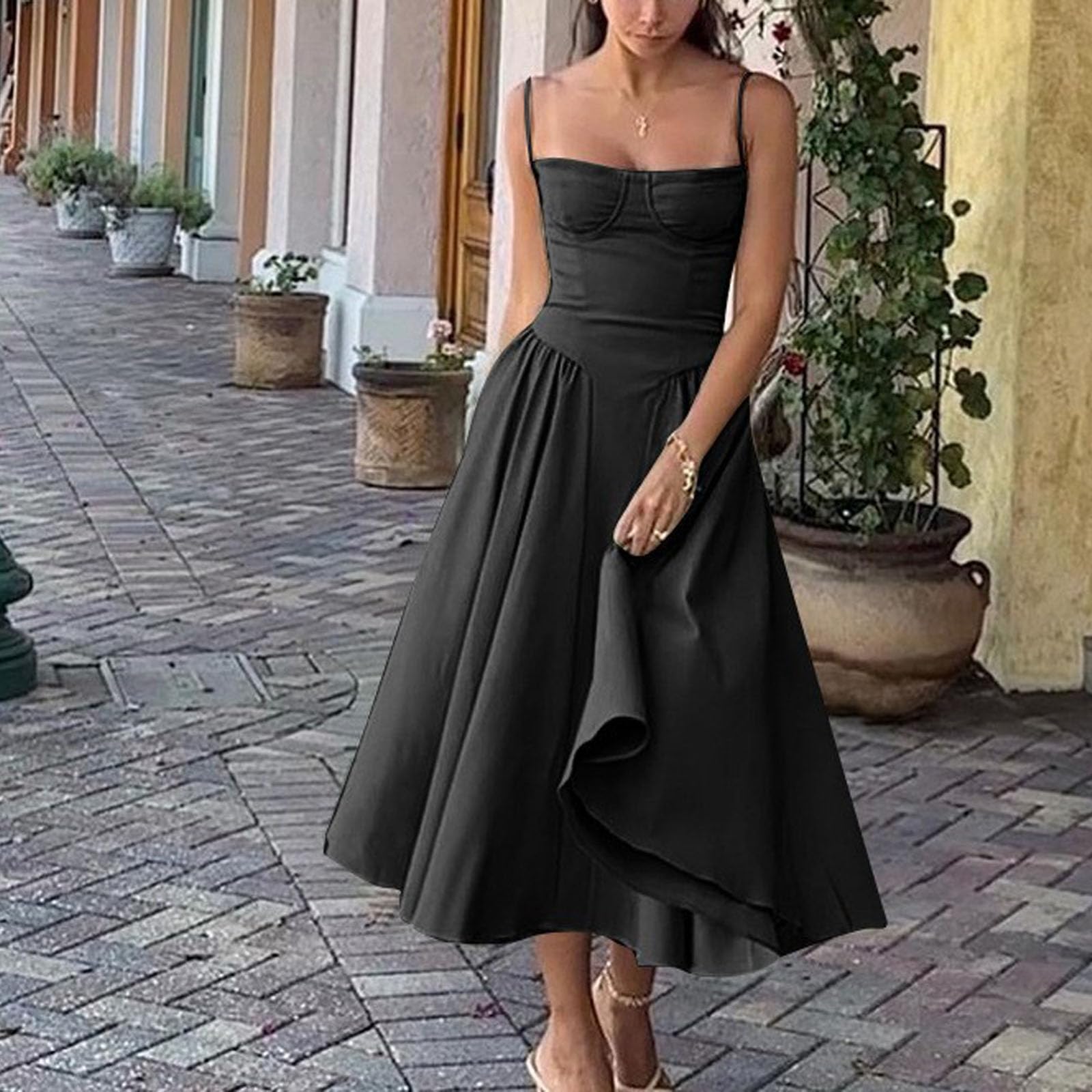 Sleeveless Corset Fit Midi Dress Spaghetti Strap Bustier Midi Dress Trendy A Line Dress with Pocket