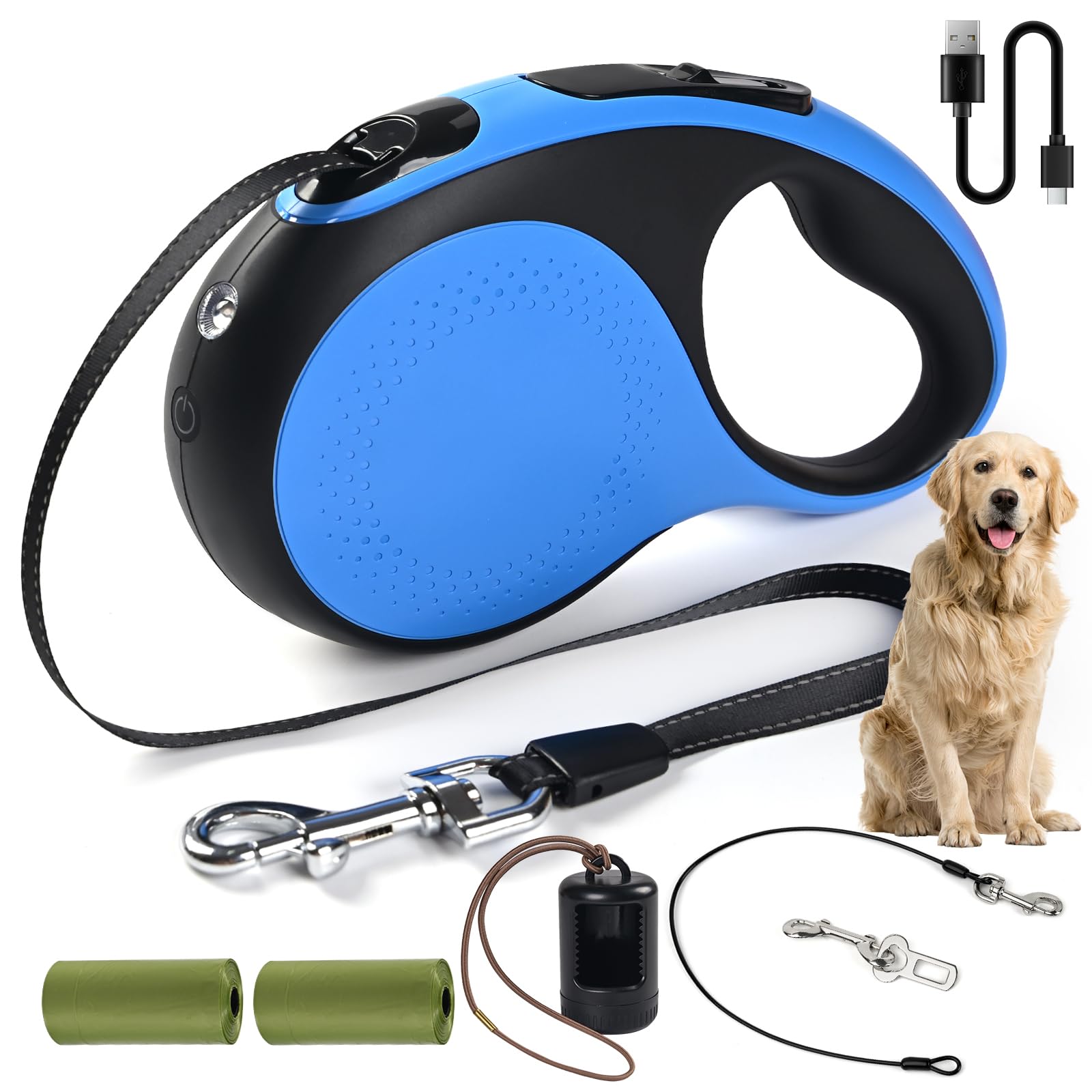 Heavy Duty Retractable Dog Leash for Large Dogs, 16ft Dog Leash with Poop Bag Holder, Up to 110lbs, Chew Proof Cable, USB Rechargeable LED, 360° No-Tangle, One-Handed Pause & Lock. (Blue, M 16ft)