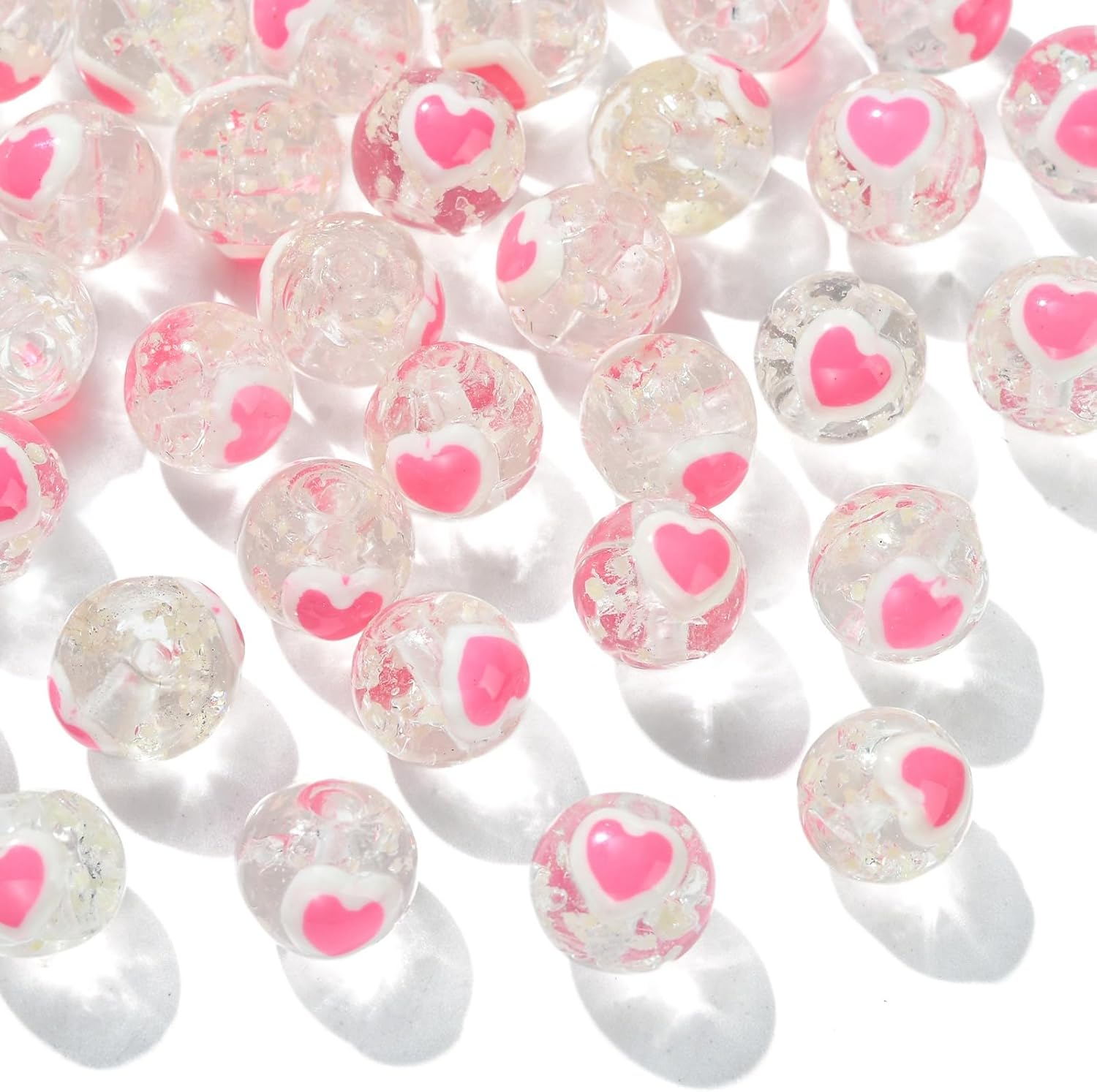 LiQunSweet 40 Pcs Mixed Color Handmade Lampwork Glass Beads Pink Round with Heart Loose Spacer Beads for DIY Jewelry Making Crafting Accessories