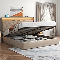Vista 12 de Loomie Marco de Cama con Elevación Completa con Estación de Carga y Luces LED, Cama Tapizada con Cabecera de Almacenamiento Wingback con Botones