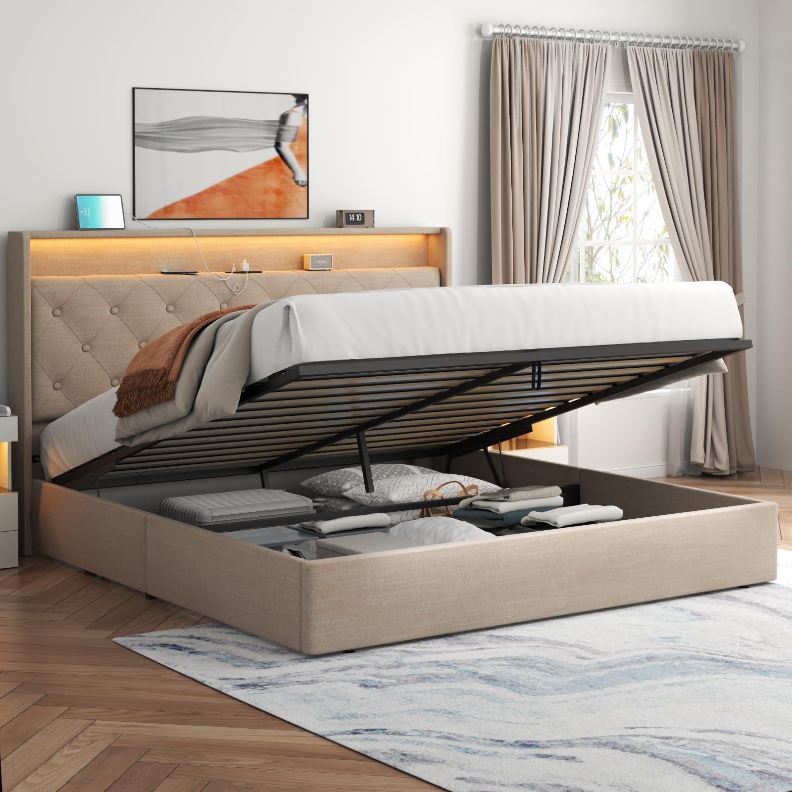 Loomie Queen Lift Up Bed Frame with Charging Station & LED Lights, Upholstered Bed with Button Tufted Wingback Storage Headboard, Hydraulic Storage, No Box Spring Needed, Wood Slats Support,Beige