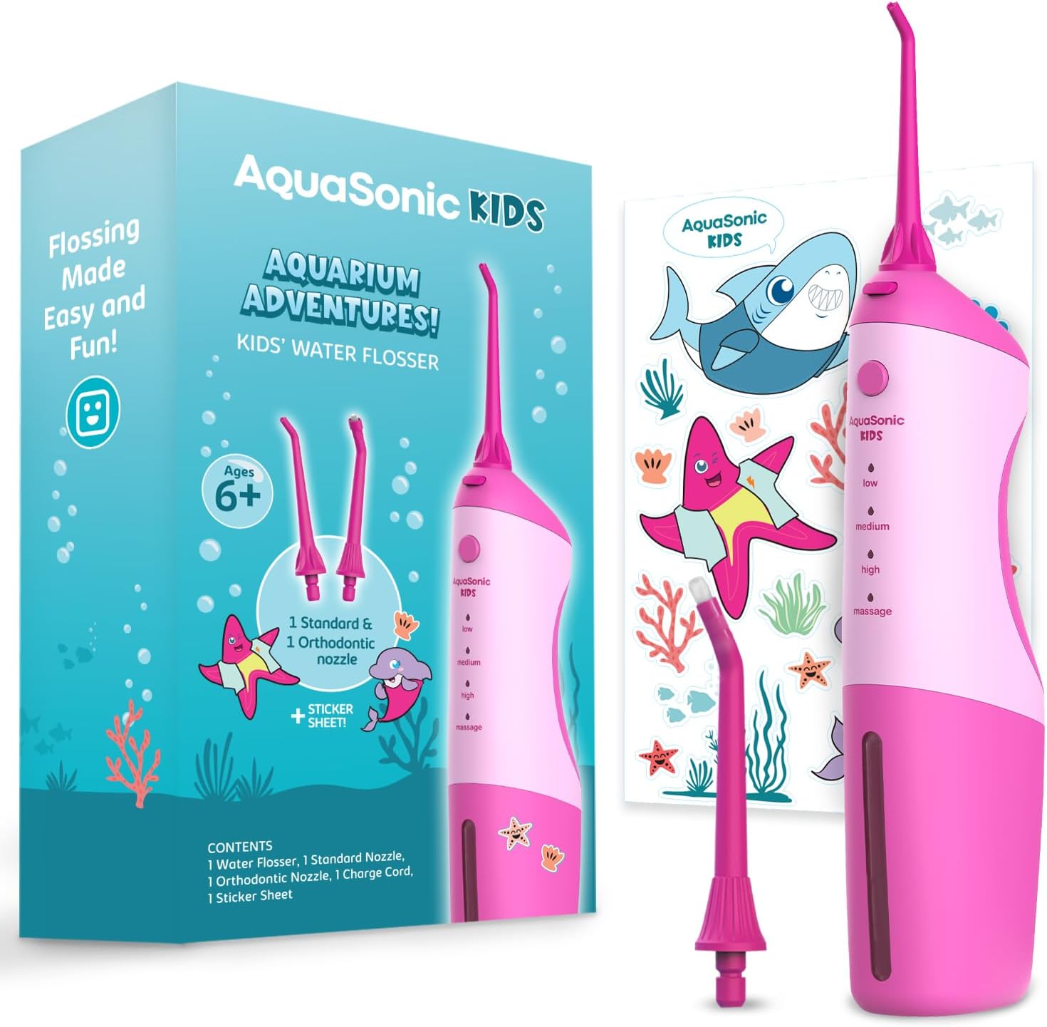 AquaSonic Kids’ Water Flosser for Ages 6+ | Standard Nozzle, Orthodontic Nozzle & Waterproof Stickers | 4 Flossing Modes | Aquarium Adventures Theme (Pink) AquaSonic Kids’ Water Flosser for Ages 6+ | Standard Nozzle, Orthodontic Nozzle & Waterproof Stickers | 4 Flossing Modes | Aquarium Adventures Theme (Pink)