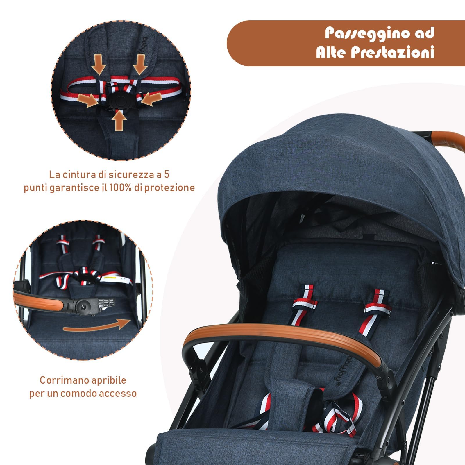 RELAX4LIFE Passeggino Leggero per Bambole 0-3 Anni, Passeggino Pieghevole con Una Mano, Telaio in Alluminio, Schienale Regolabile, Passeggino da Viaggio con Zanzariera e Cinture 5punti (Blu scuro)