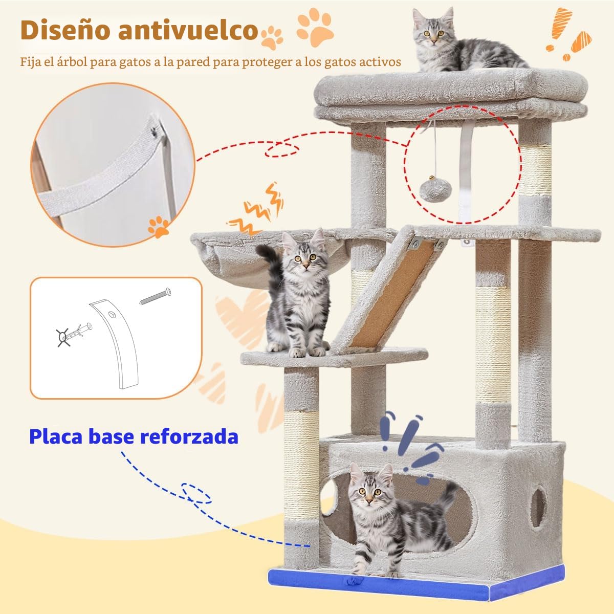 Taoqimiao Rascador para Gatos, 98cm Arbol Rascador para Gatos Cat Tree com 1 Plataformas, 1 Cuevas, Cesta, MS029SW Gris Claro