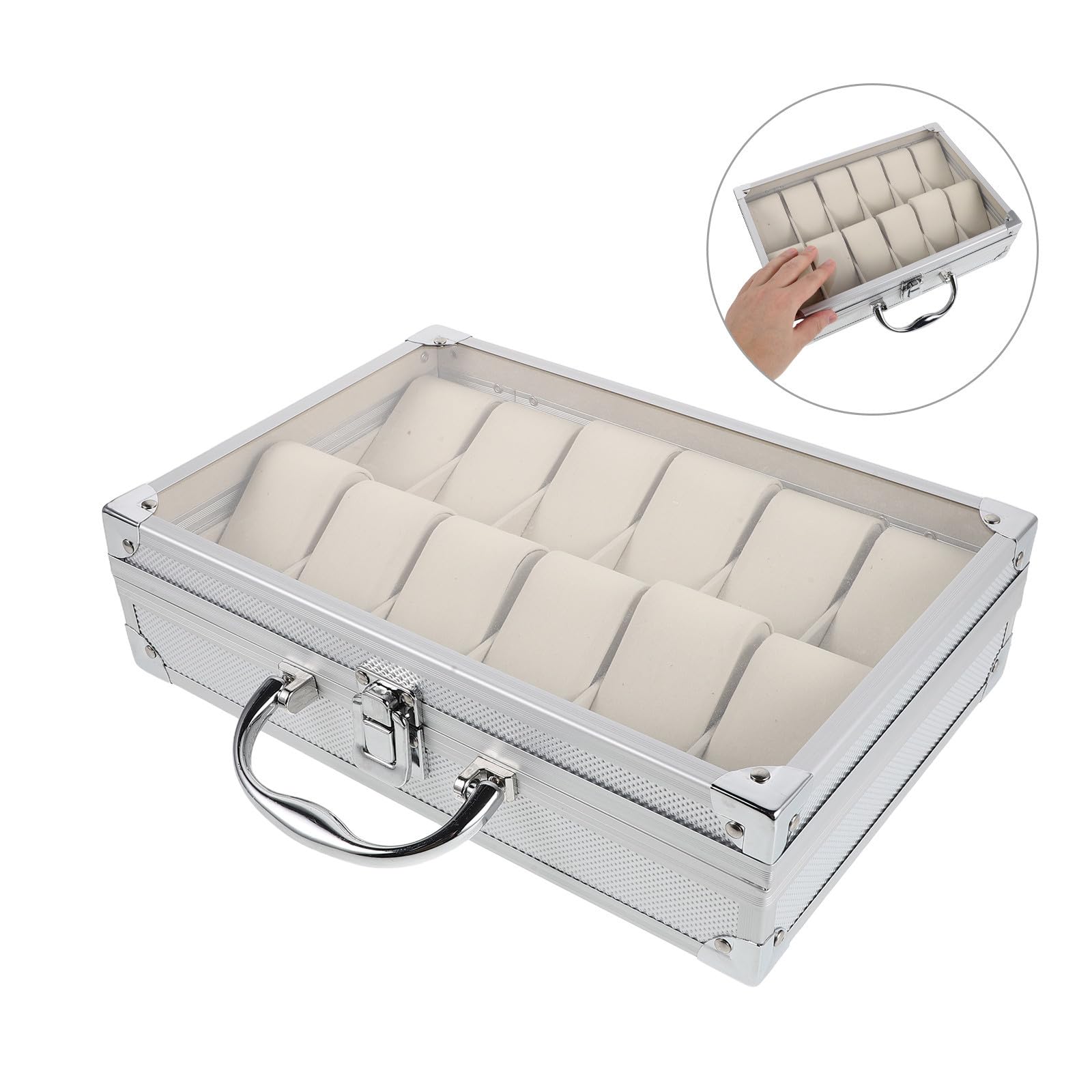 TOYANDONA Aluminiumlegierungs Uhrenbox mit 12 Fächern und Klarsichtdeckel