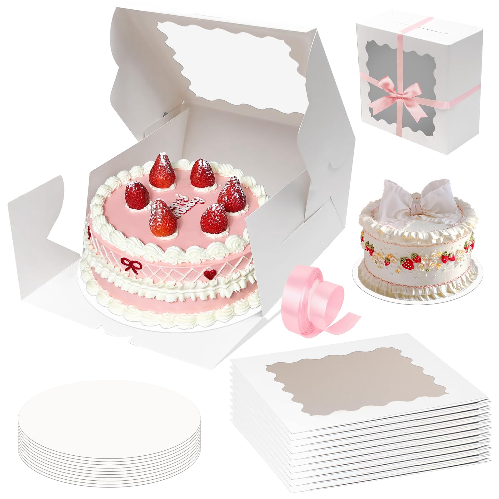 Woobroo 10 Pack Cake Boxes with 10 inch Board,10x10x5 Inch Cake Boxes for Bakery, Cookies, Dessert, Wedding, Birthday Party (25x25x13cm)