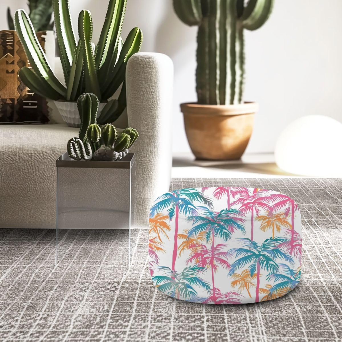 Barpapier Round Pouf Ottoman Abstract neon Coconut Trees Leaves Tropical Palm Trees Leaf Foot Stool Foot Rest Floor Stool Bean Bag Chair Cotton Linen Removable Indoor Outdoor for Living Room Bedroom