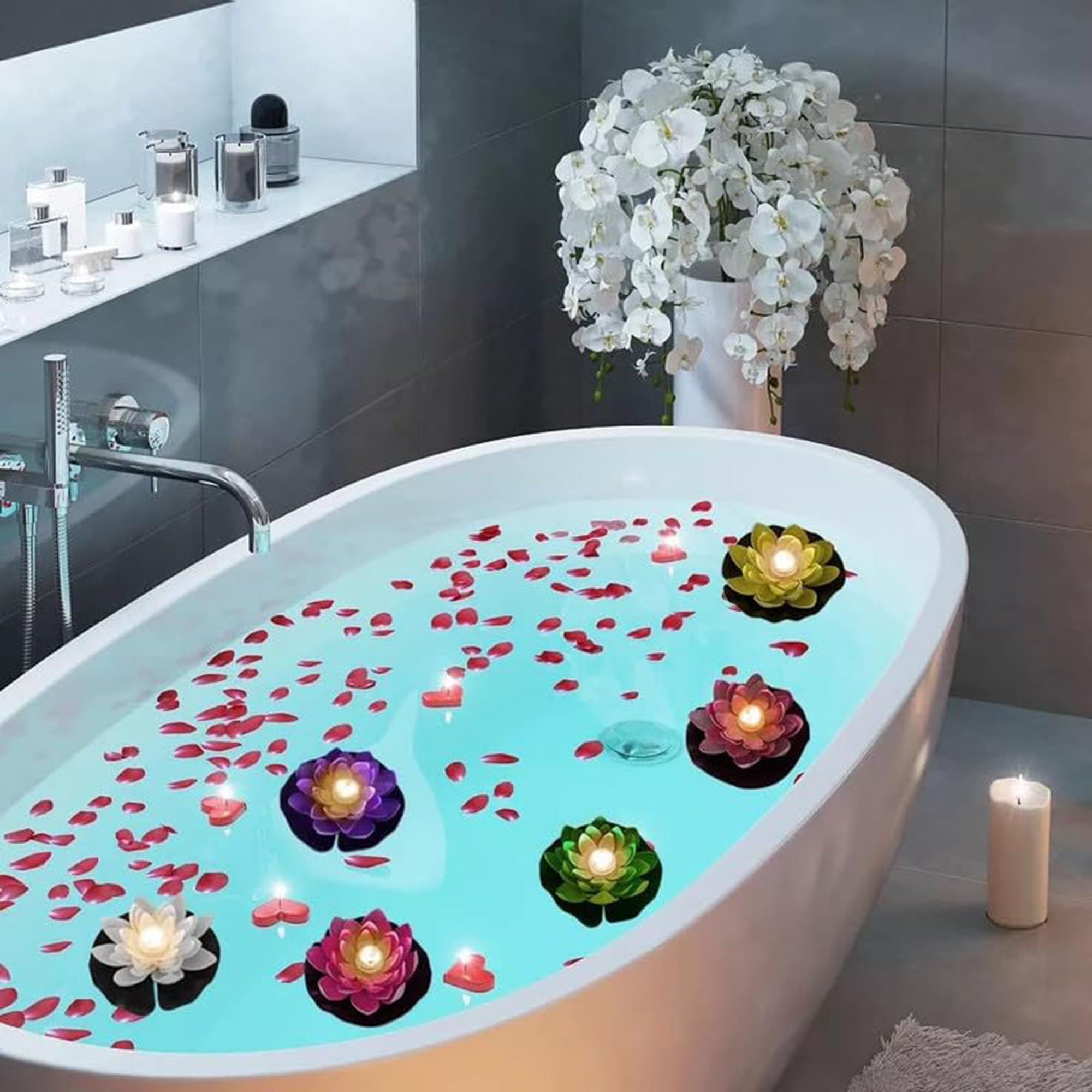 BIRMON Floating Candle Night Lighting Bath Wedding Lamp | Waterproof Lotus Romantic Beautiful Water Sensor Diya LED Candles for Home Decoration | Diwali Gift I Flower Water Light Diya (Pack of 6) - Image 7 thumbnail