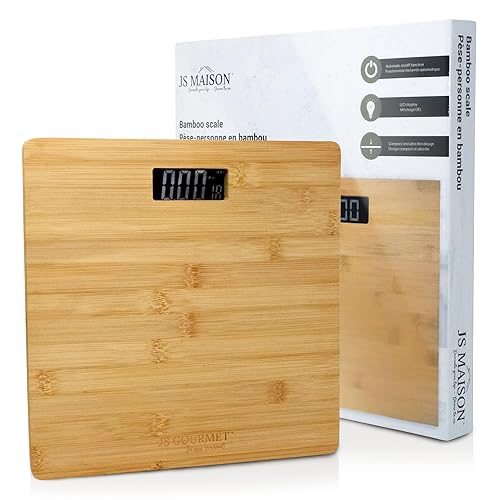 Báscula de bambú de madera para baño con pantalla LCD digital, capacidad máxima de 396 libras, añadiendo un toque elegante y moderno a tu inodoro