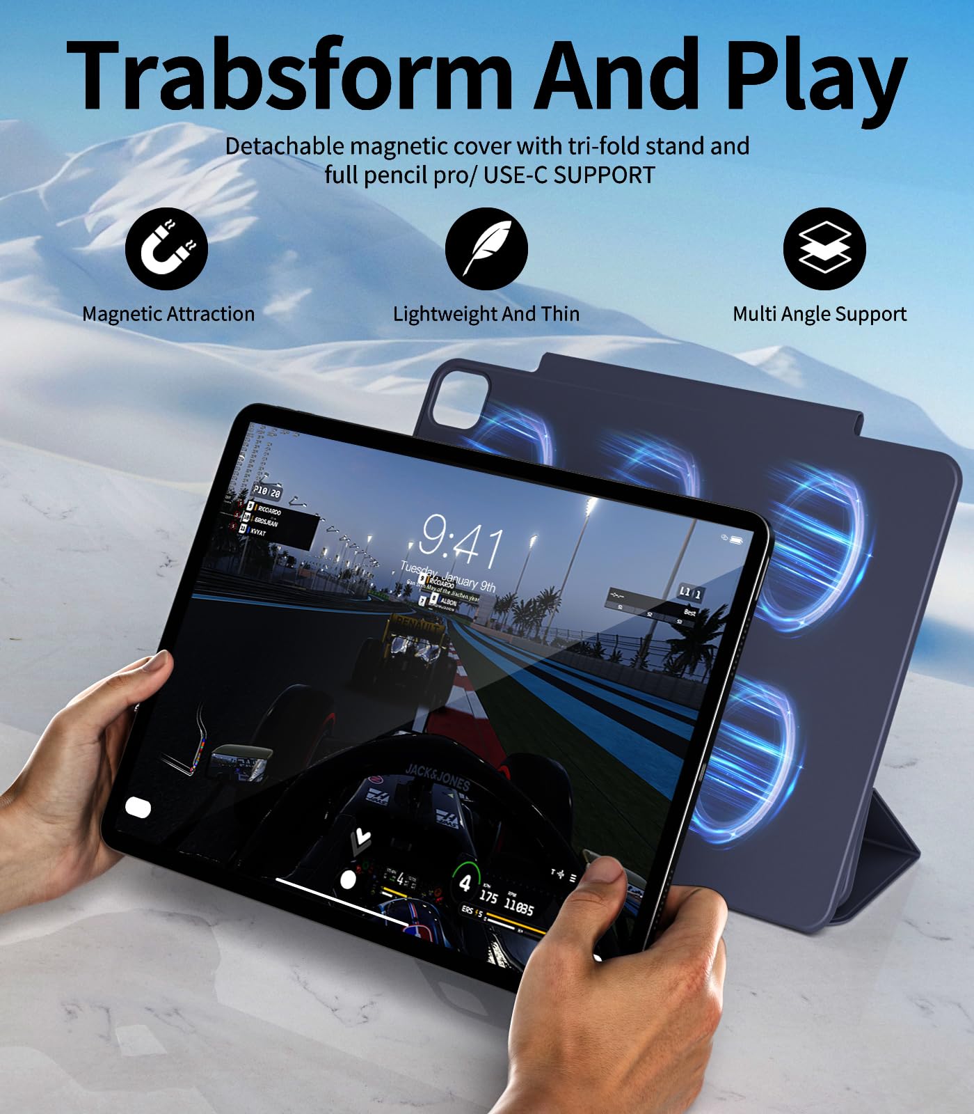 JETech Custodia Magnetica per iPad Pro 12,9 6/5/4/3, Nero | Cover per 2022/2021/2020/2018 Modello, Design Smart Sottile, Auto Svegliati/Sonno, Protezione Leggera