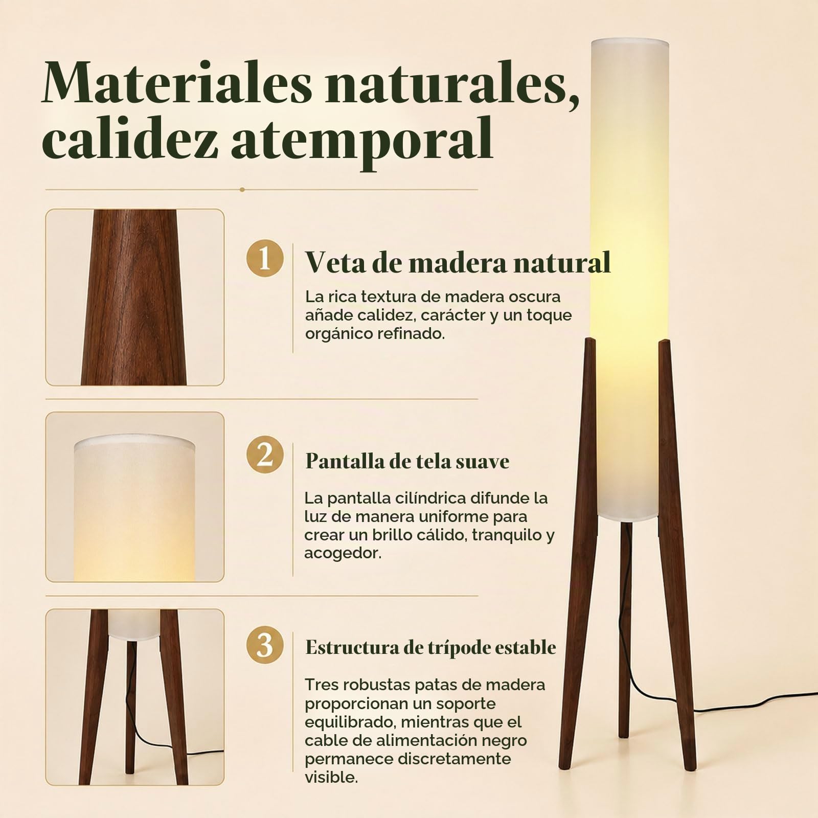 Lámpara De Pie Wabi-Sabi, Trípode De Madera, Farol De Papel | 128 CM, Pantalla Alta De Lino, Bombilla E27 Incluida, 3 Temperaturas, Pedal, Acabado Nogal, Salón, Dormitorio, Despacho