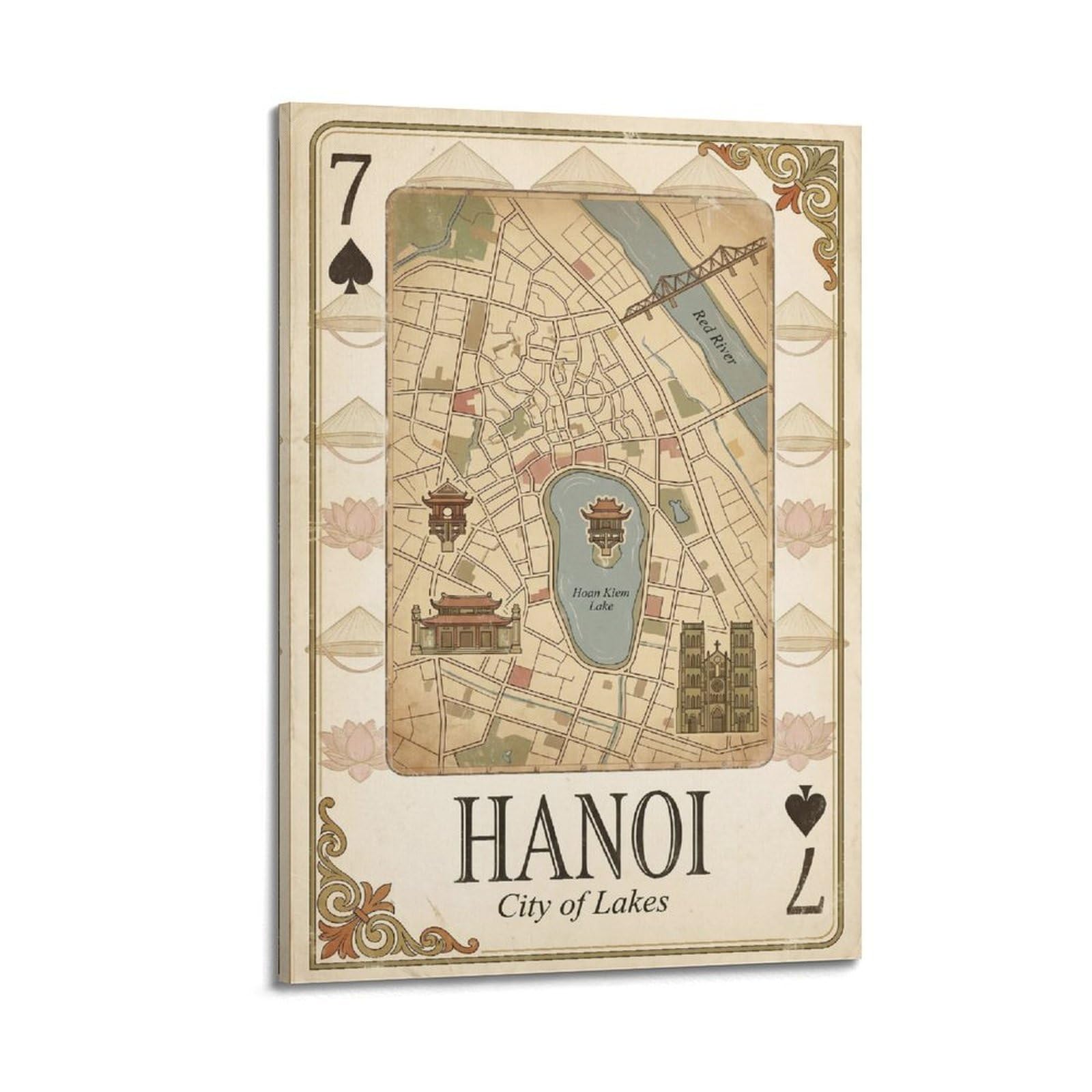 OKNGB Vintage City Map Poster Hanoi Old Quarter Lakes Playing Card Style Decorative Painting Canvas Art Picture 24x36inch(60x90cm)