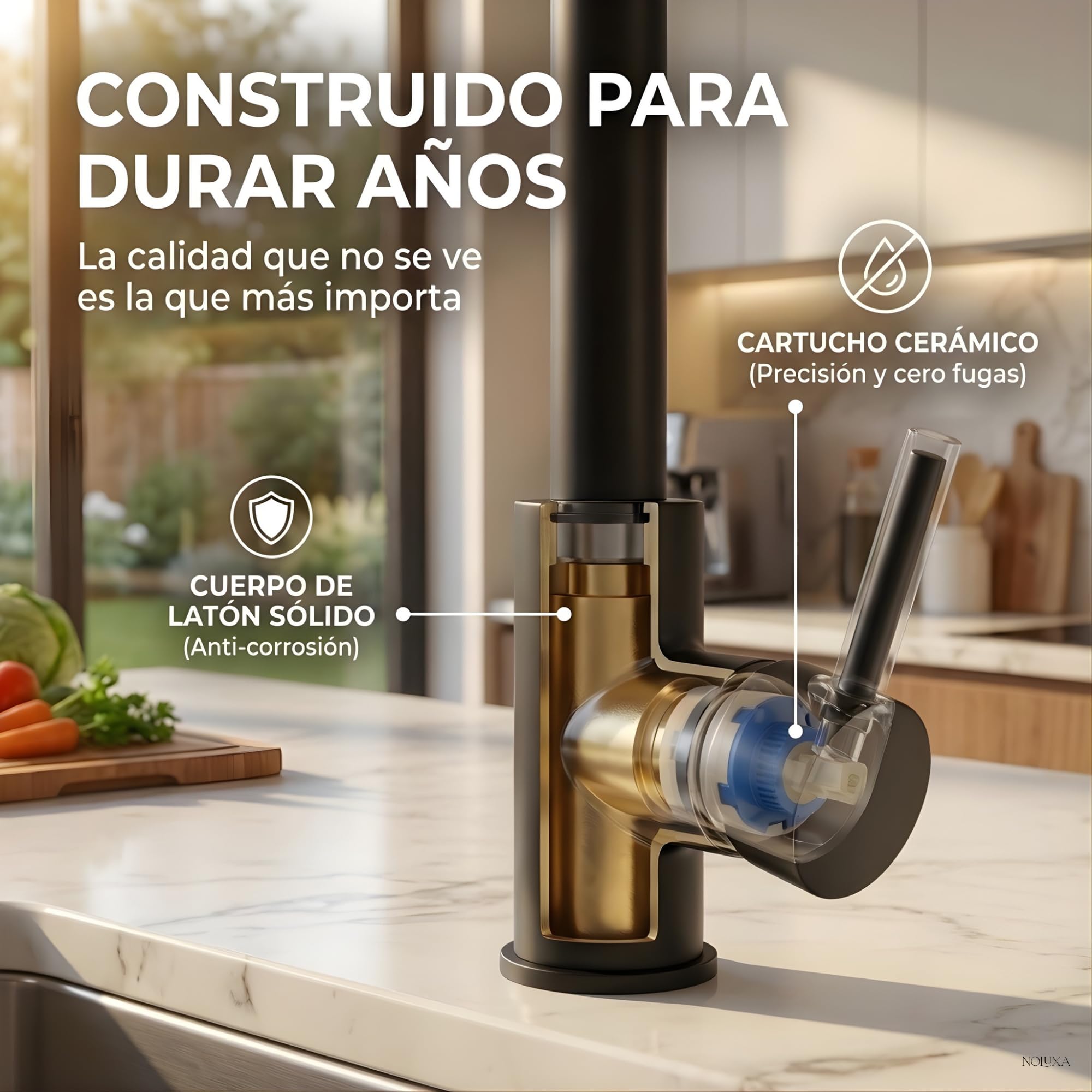 IMEX - Grifo Cocina Dorado Extraíble | Grifo Monomando Fregadero | Griferia Cocina con Ducha Flexible 360º | Grifería en Latón | Serie Malta | Color Oro Cepillado