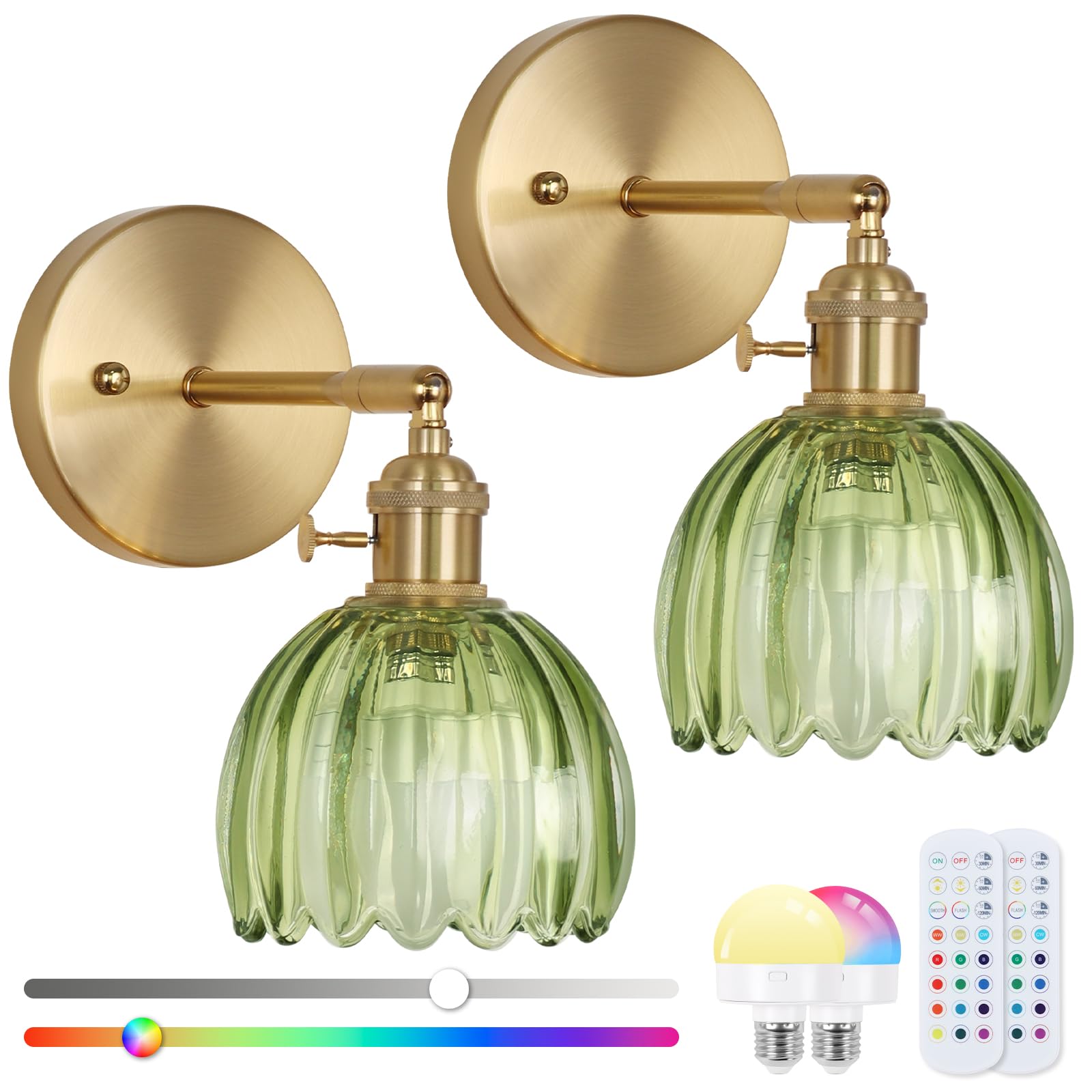 EIDEARAY Battery Operated Wall Sconce Set of 2,Vintage Wall Sconce with Deep Green Tulip Glass Lampshade Rechargeable Wall Light with Remote Control for Bedroom,Living Room, Hallway, Aisle
