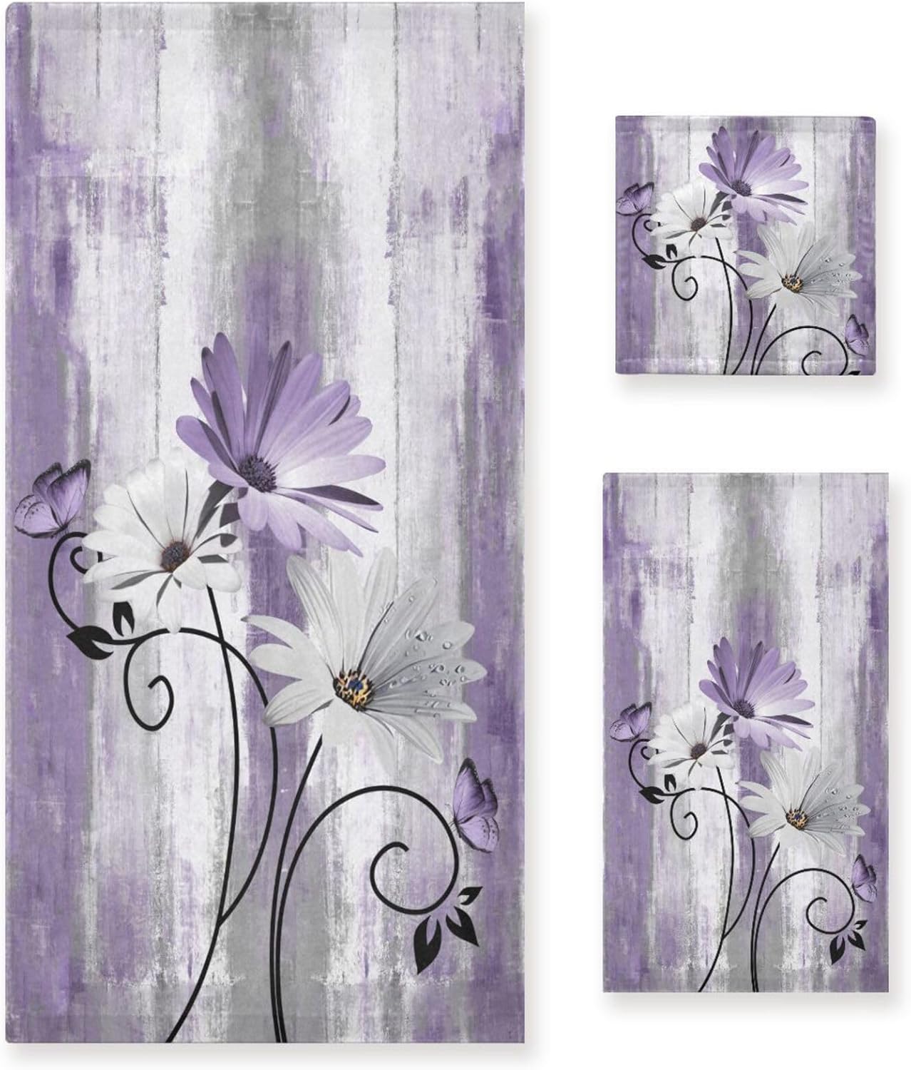 Purple White Butterfly Bath Towels Set,3 Piece Soft Rustic Daisy Floral Country Towel Set,1 Bath Towel 1 Hand Towel 1 Washcloth,Absorbent Decorative Bathroom Towels for Kitchen Shower Face