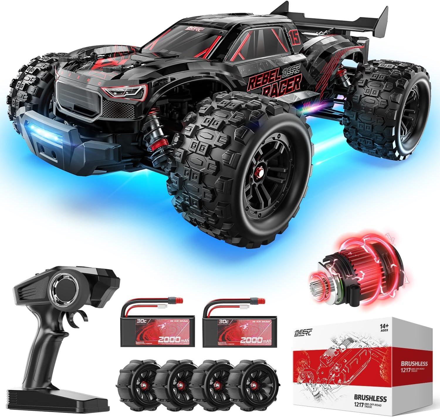 DEERC 1:14 bezszczotkowy samochód RC dla dorosłych, 46+ mph off-road, 2 x 3S Lipo, 4WD, wodoszczelny, 7 trybów świecenia, zdalnie sterowany samochód, wózek terenowy na śnieg, piasek i błoto