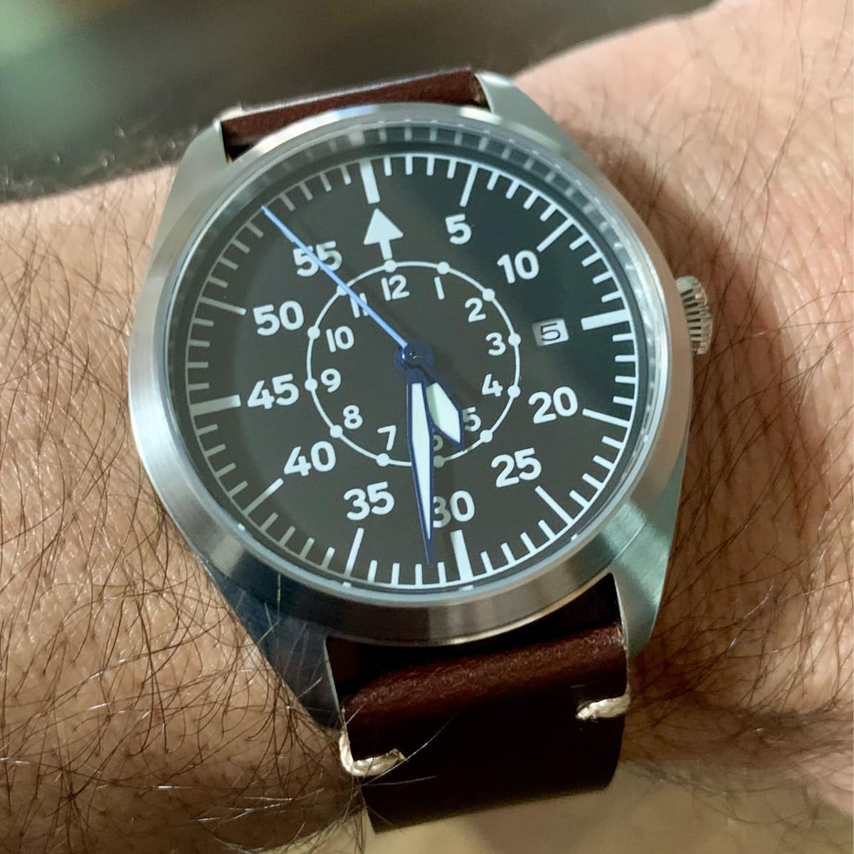 Boyarca Reloj de piloto para Hombre, Reloj de Pulsera de Aviador, Relojes mecánicos automáticos, Caja de Acero Inoxidable y Correa de Cuero Genuino, Flieger Timepieces.