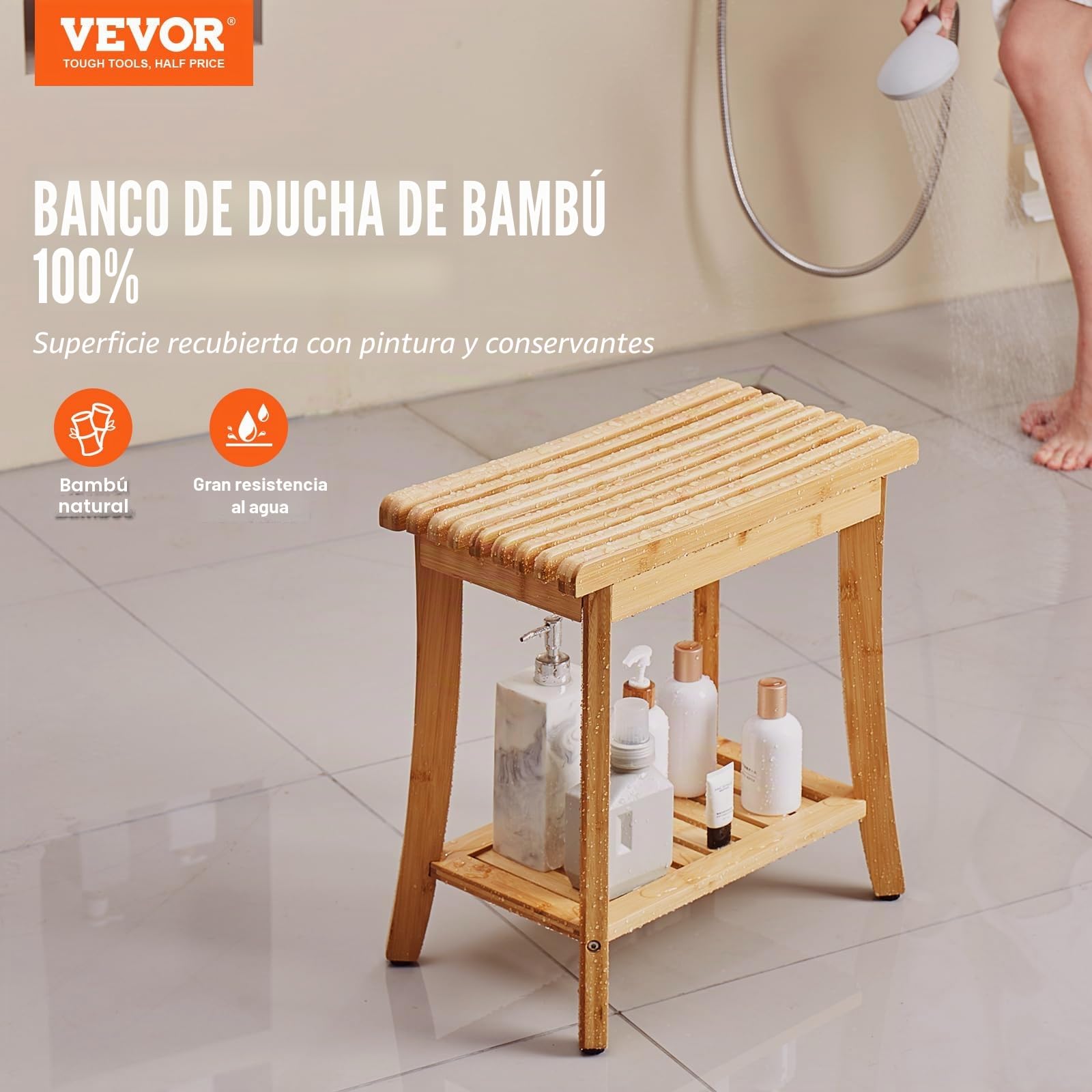 VEVOR Banco de Ducha de bambú, Silla de Ducha Impermeable de 19 Pulgadas con Estante de Almacenamiento, Almohadillas Antideslizantes, Capacidad de Carga de 330 Libras, Asiento de Silla de Ducha, para