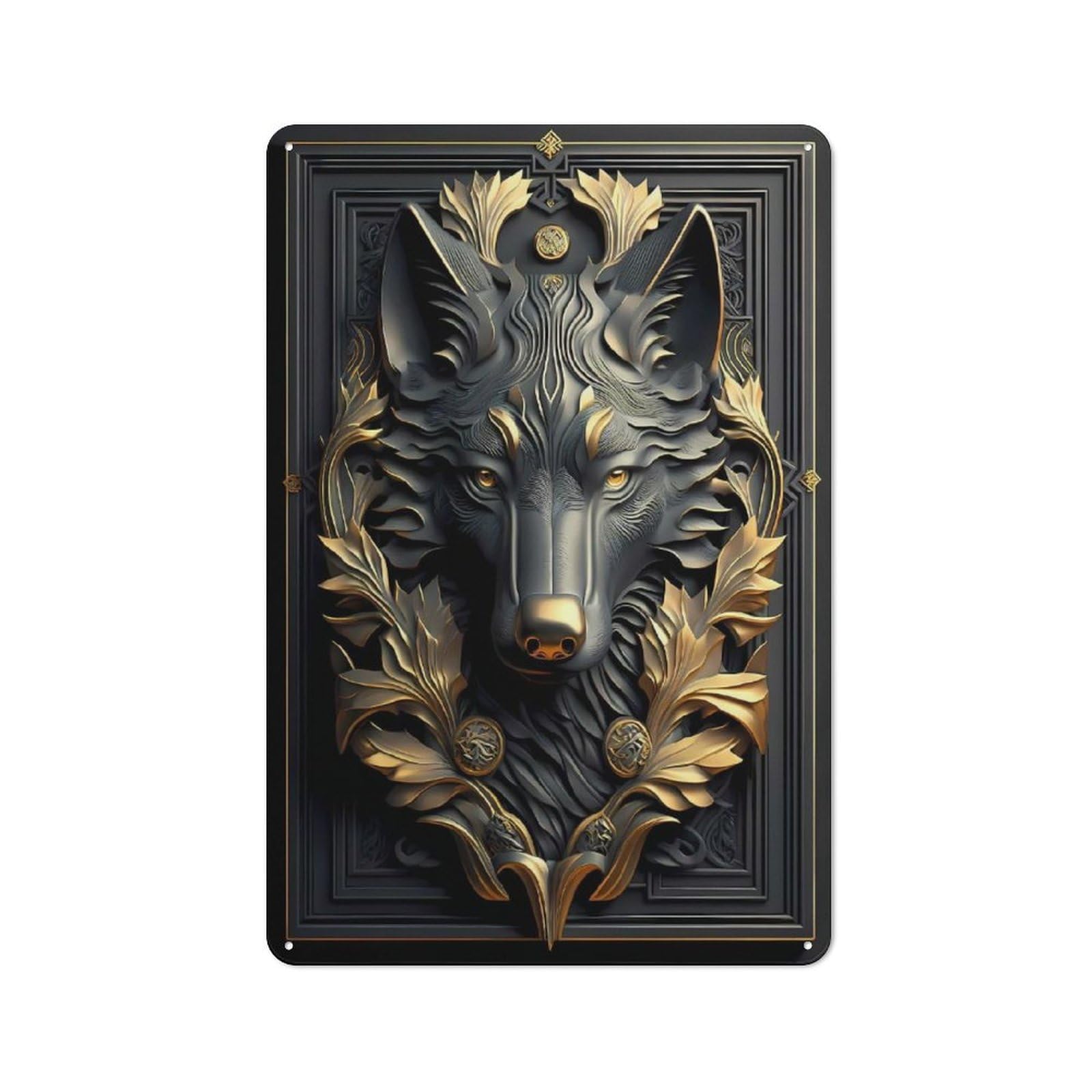 Junmoney Style-4 Noble Golden Wolf Art Deco Industrial Metal Wall Decor 30X20cm, Retro Metal Sign For Workshop, Basement, Shed Or Games Room