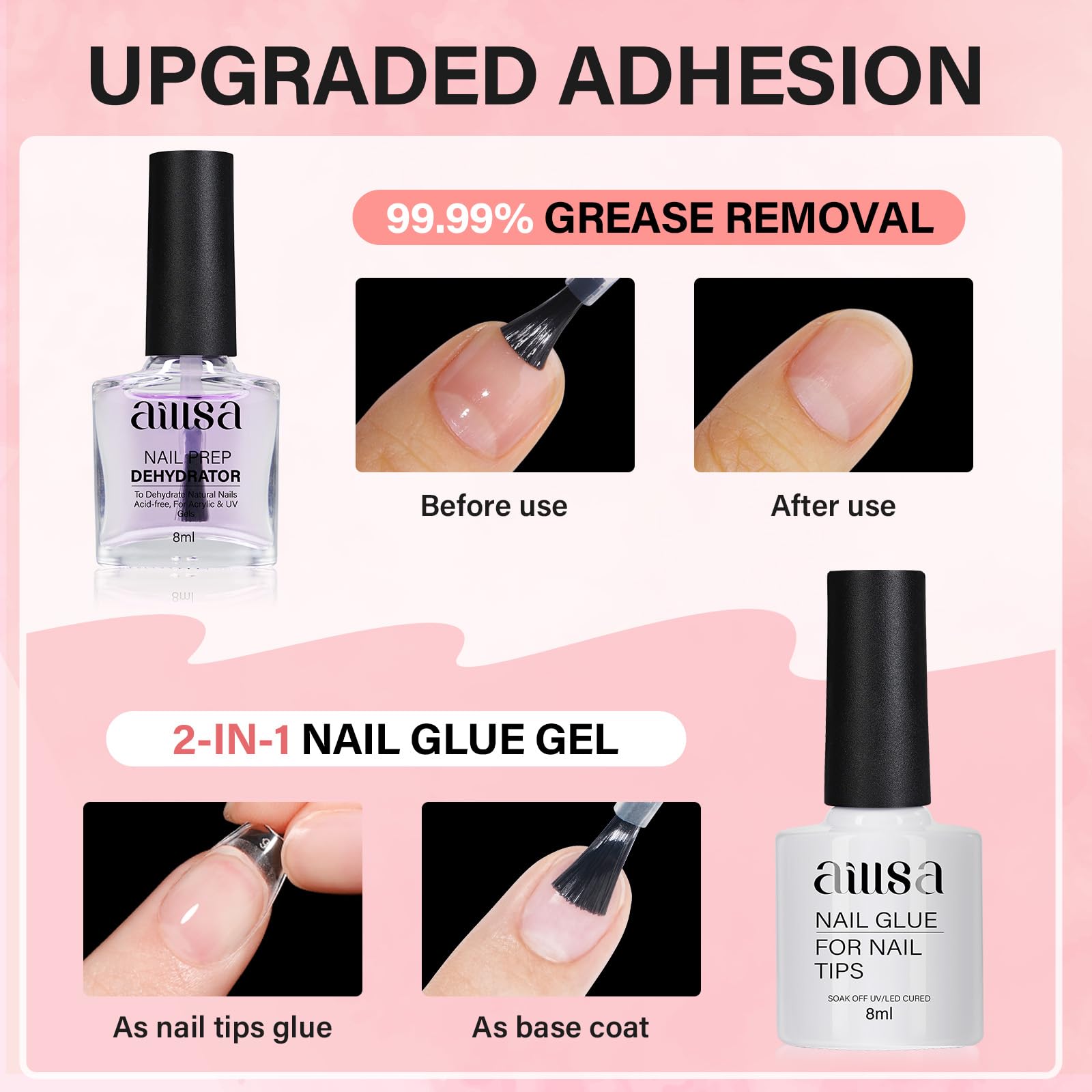 AILLSA Kit de uñas de gel de punta corta 240 piezas con base de pegamento 2 en 1 y secador de uñas, kit de uñas postizas con top coat UV para principiantes.