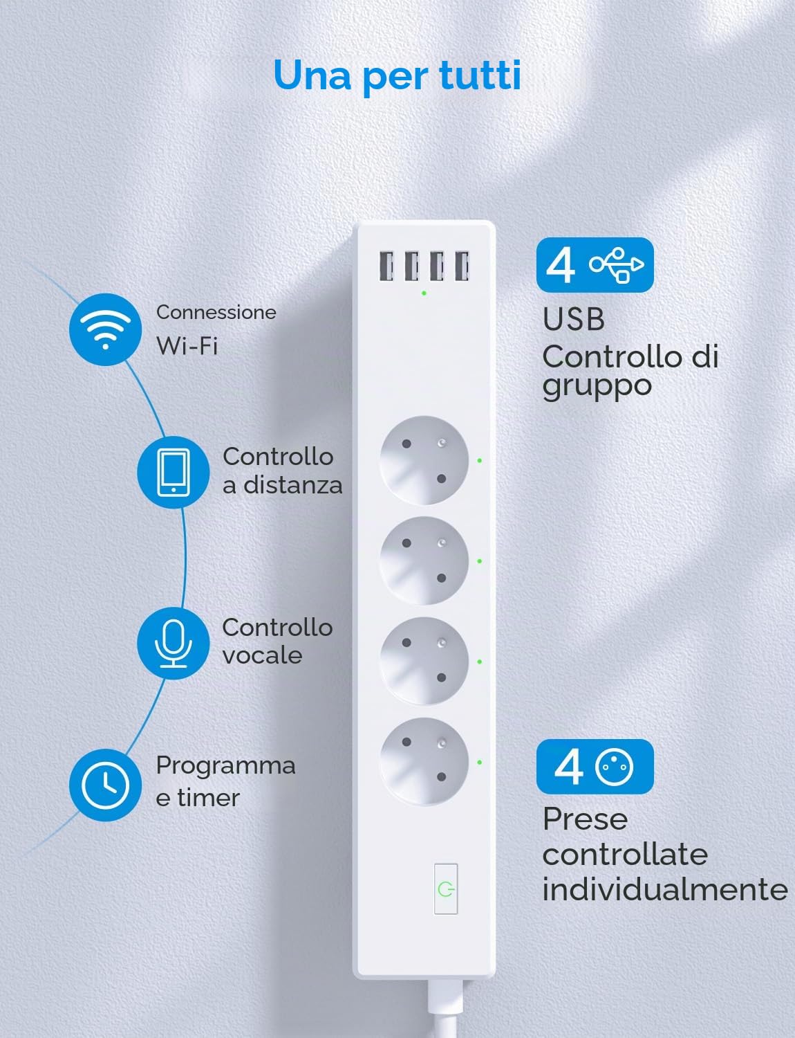 Multipresa collegata (tipo E), 16A WiFi Compatibile con Alexa, Google Home e SmartThings, programmabile (4 prese AC e 4 porte USB) con funzione del tempo e controllo remoto