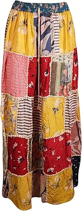 Mogul Interior Women's Patchwork Skirt Ethnic Bohemian Chic A-Line Boho Long Skirts S/M Yellow, Red