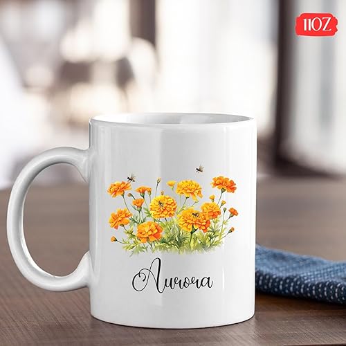Miniatura 4 de Taza de café de caléndula personalizada, taza de café de caléndula con nombre personalizado, taza de cerámica blanca para amantes de las flores,